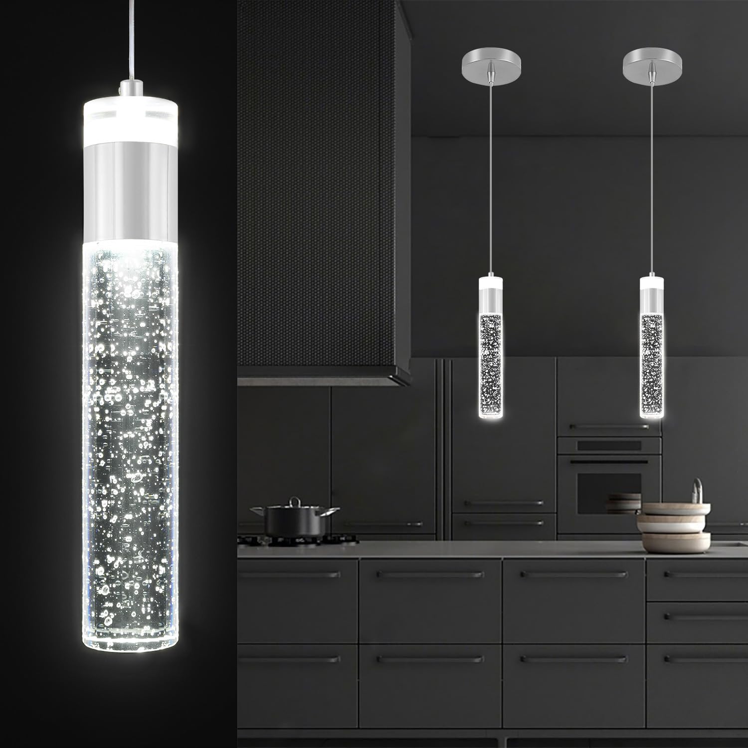 Modern LED Chrome Crystal Pendant Light Kitchen Island, Bedroom Bedside Hanging Ceiling Lamp with Crystal Bubble Column, Dimmabl