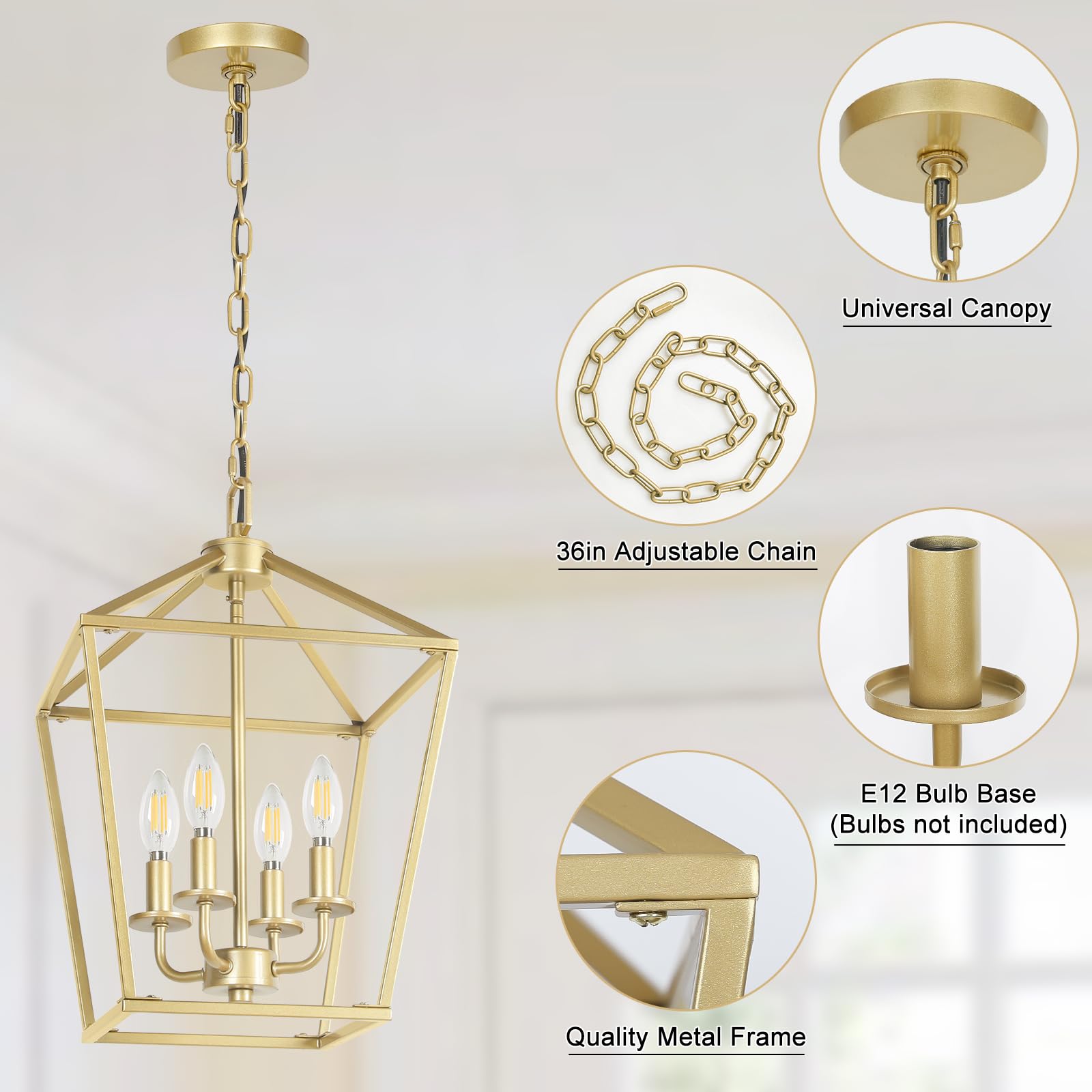 4 Light Chandelier, Industrial Ceiling Light Gold Lantern Light Fixtures With Farmhouse Metal Cage Adjustable Height Rustic Geom