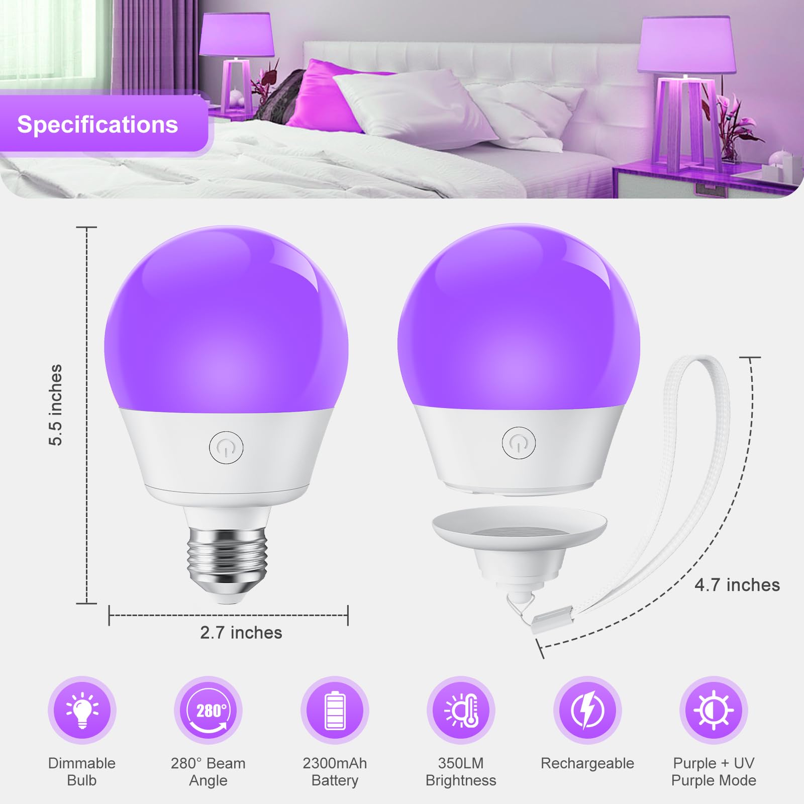 Brightown E26 Rechargeable UV Light Bulbs, 2 Pack - Purple, Remote & Timer, UVA 385-400nm for Parties, Halloween, and Glow Effects