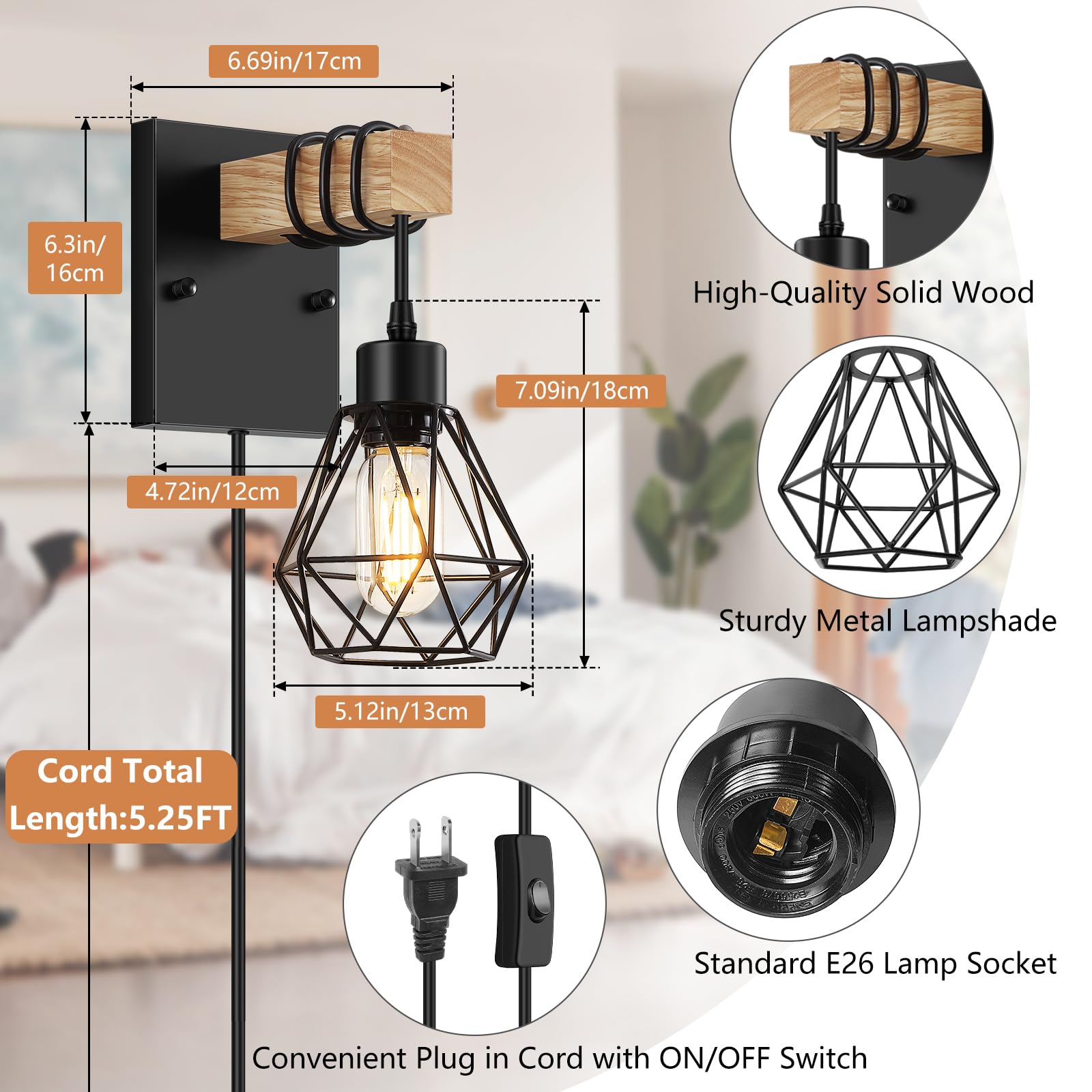 Lomoky Vintage Wood Wall Sconces Set of Two, Black Metal, 5.25FT Cord, Model WS-WOOD-2P
