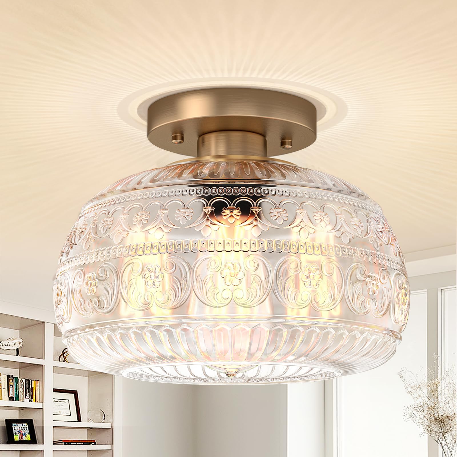 Oykyohei Modern Semi Flush Mount Ceiling Light, Clear Glass, Gold Fixture For Kitchen & Hallway