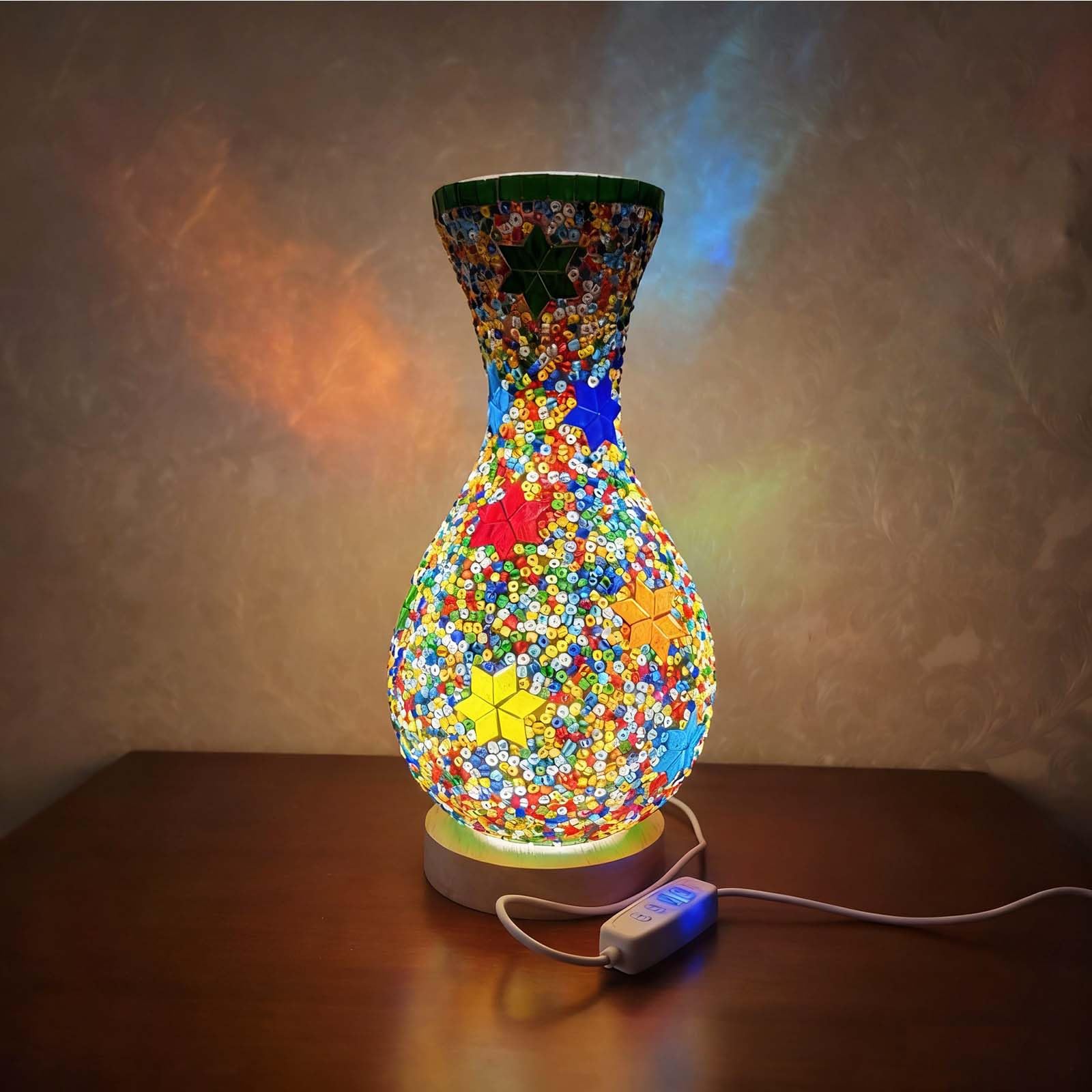 wpdash Mosaic Turkish Vase Lamp Turkish Moroccan Table Lamp Colorful Handmade Glass Vase with Wood Base for Flowers USB Charge D