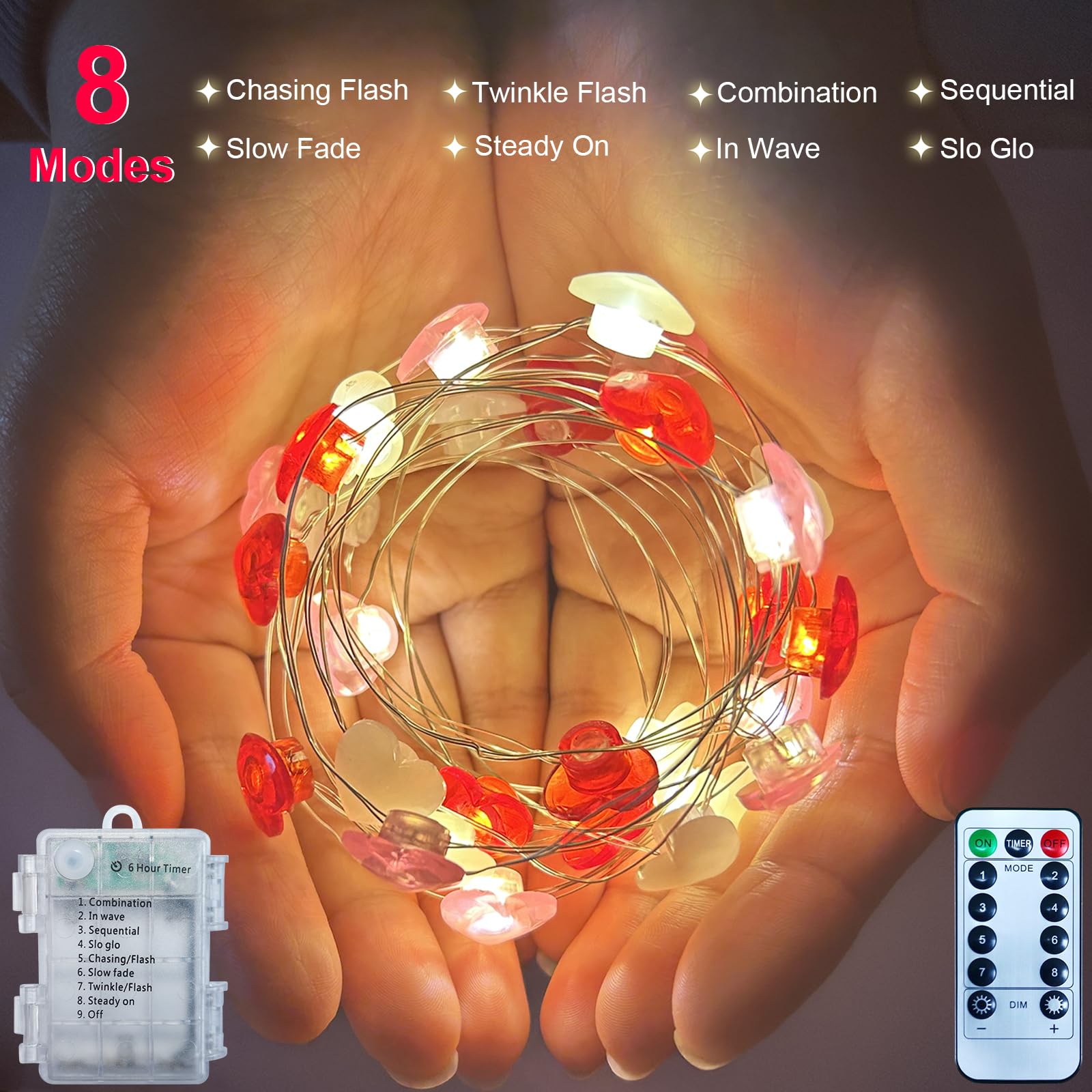 Valentines Day Heart Fairy Lights-14.4Ft 40Led Battery Powered Red Pink White Heart Twinkle String Lights With 8 Modes Timer Rem