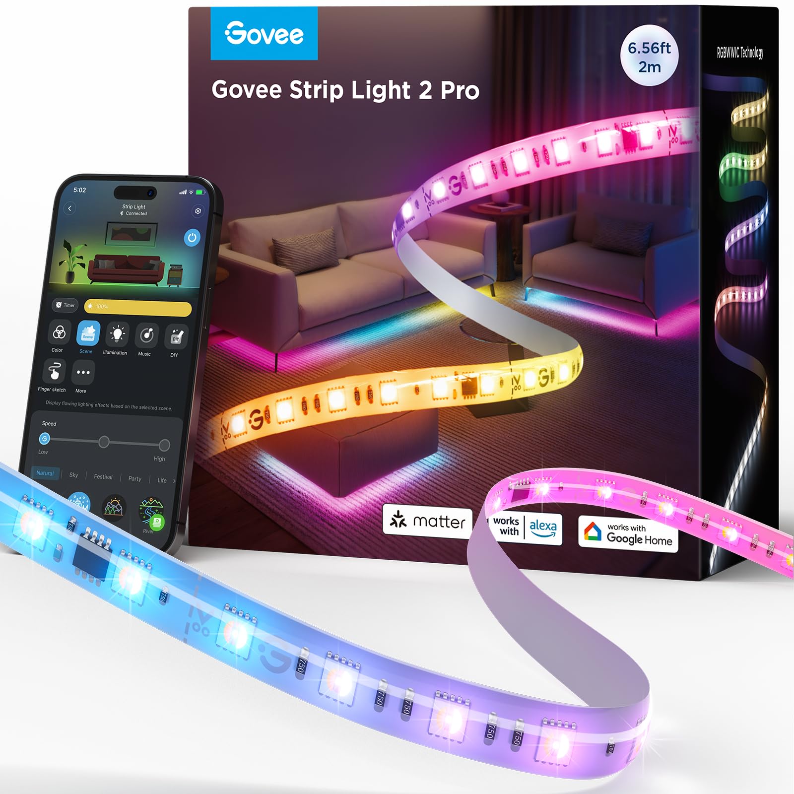 Govee RGBIC Strip Light 2 Pro with Matter, 6.56ft Smart LED Strip Lights Compatible with Alexa and Google Assistant, Color Chang