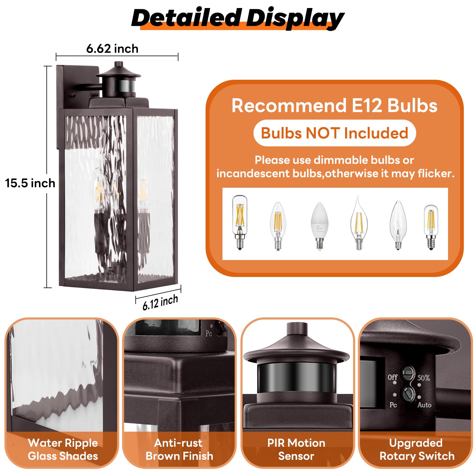 3-Light Motion Sensor Outdoor Wall Light, Waterproof Exterior Wall Sconce Light Fixture With Water-Rippled Glass, Dusk To Dawn B