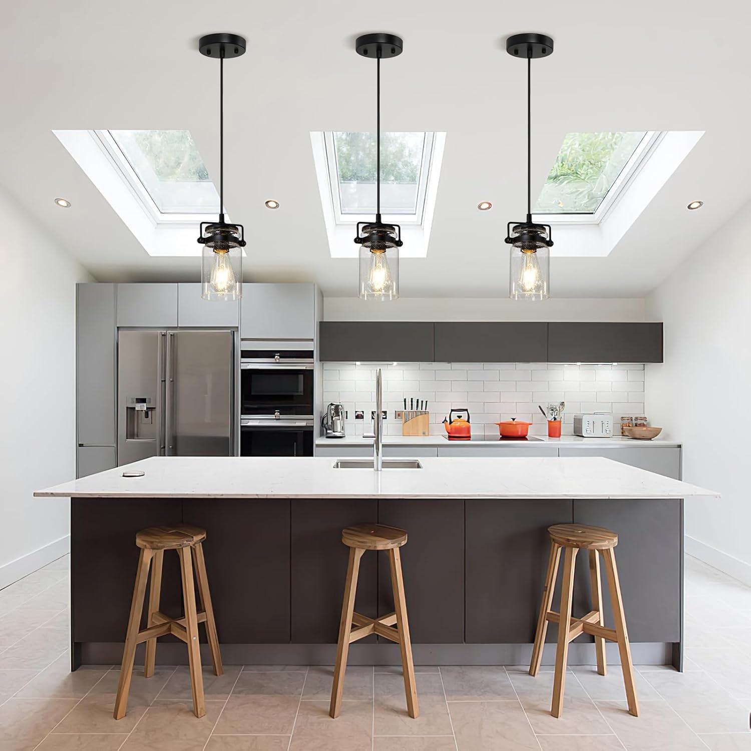 Industrial Pendant Lighting For Kithen Island  Black Pendant Light Fixture With Clear Glass Shade  Modern Mini Ceiling 3 Light Fixture Adjustable Kitchen Island Lighting(E26 Base)