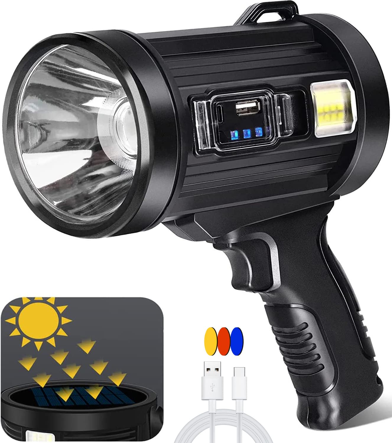 JSKNB 100000 Lumen Spotlight, Led Rechargeable Spotlight Flashlight with Tripod, 6 Modes and 3 Colors Filter, Super Bright Solar