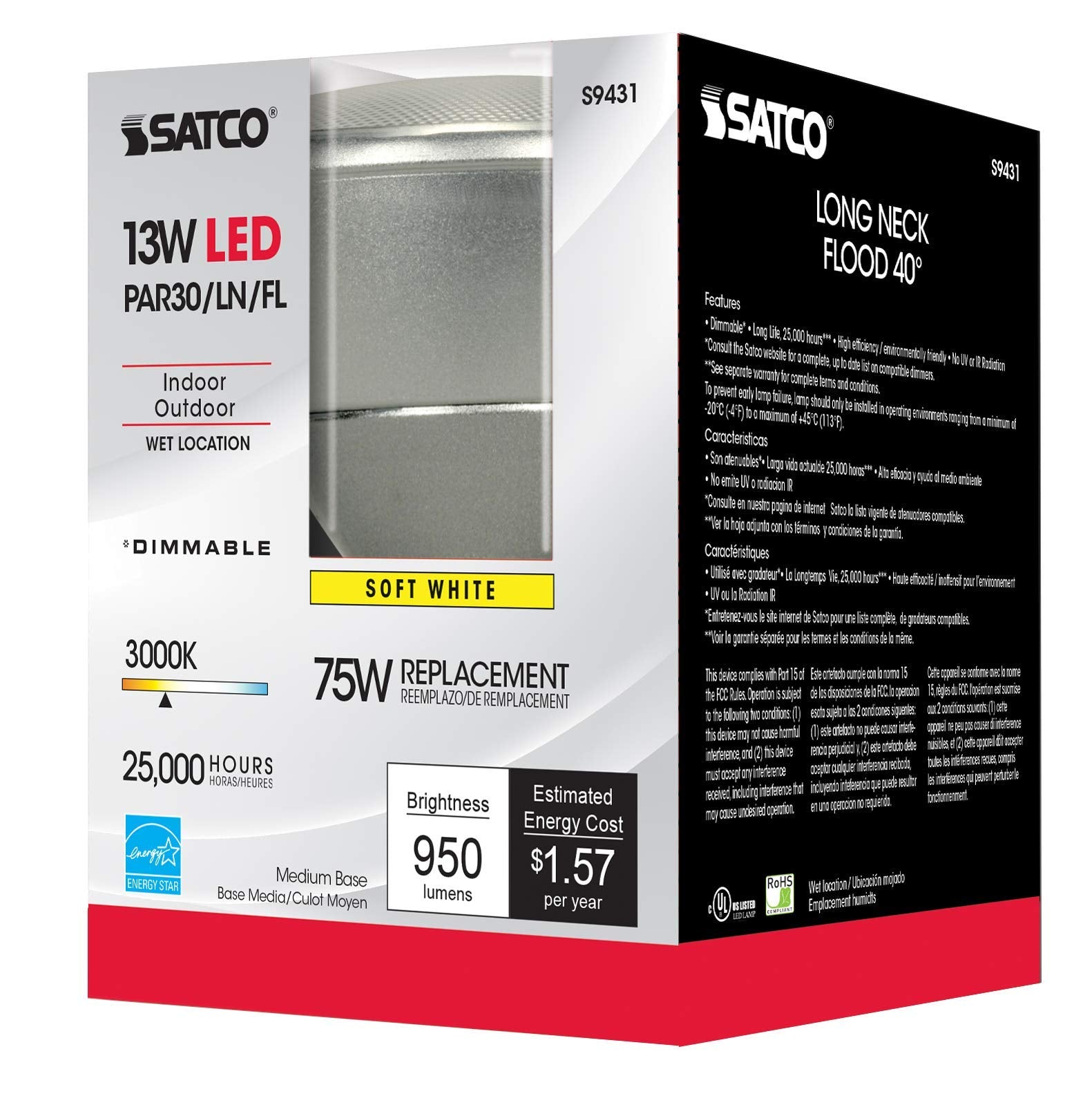 Satco S9431 Par30 Long Neck Led 3000K 40' Beam Spread Medium Base Light Bulb, 13W