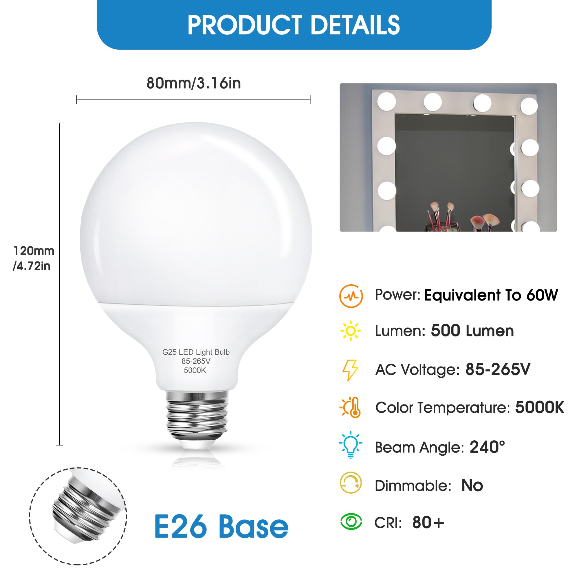 8 Pack G25 Vanity Light Bulb, Led Globe Bulbs For Bathroom Vanity Mirror, 60W Led Light Bulbs Equivalent, Brightness 5000K Dayli