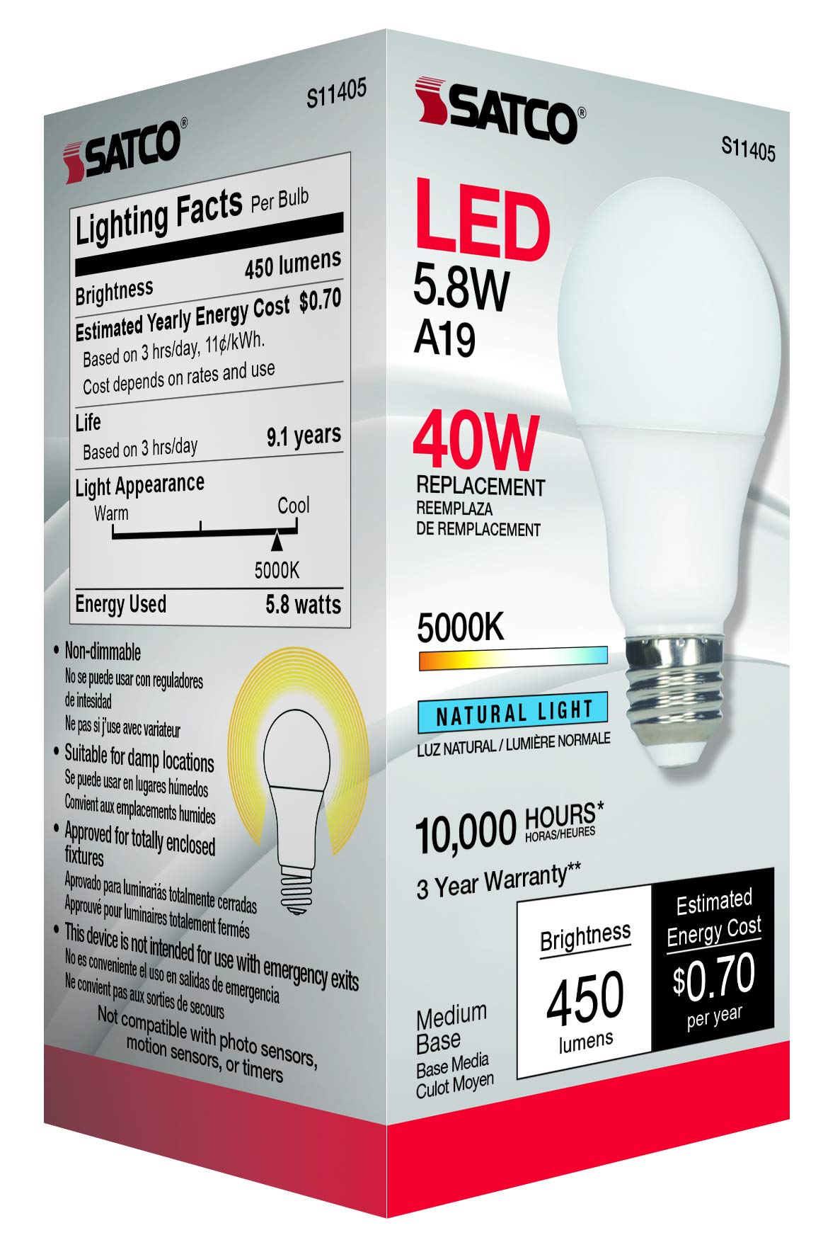 Satco 11405 5.8W LED A19 Light Bulb, 40W Replacement, 5000K Natural White, 450 Lumens