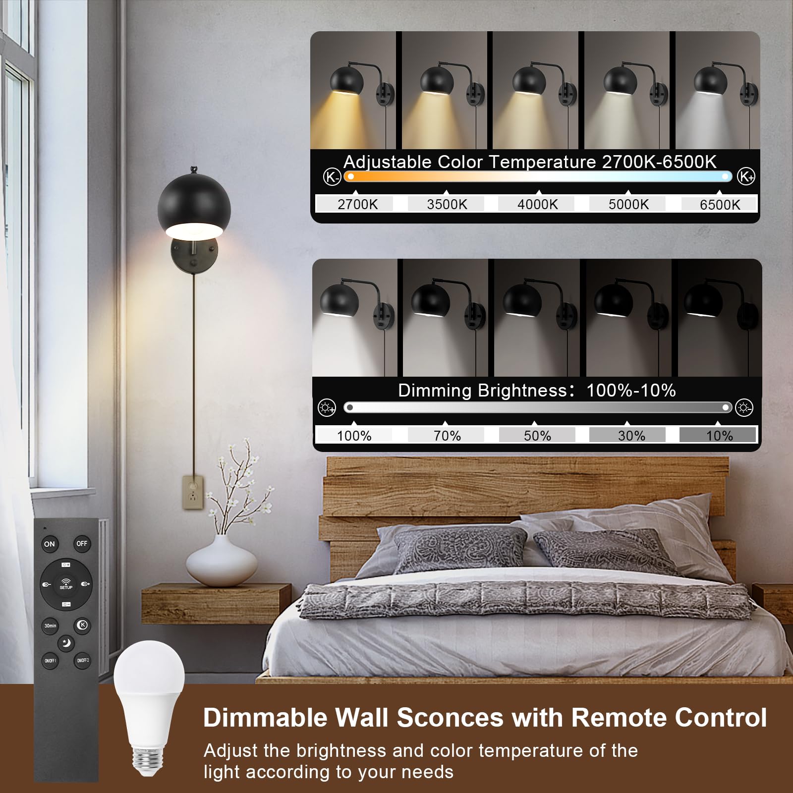 Vatoni Wall Sconce With Remote Control, Dimmable Plug In Wall Sconces And Adjustable Color Temperature 2700K~6000K, Globe Swing