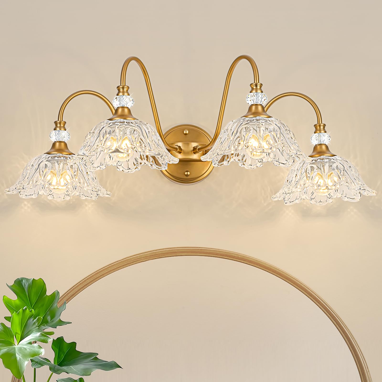 Sunkryster Vintage Matte Brass Finish Bathroom Vanity Light  4-Light Vanity Light With Floral Glass Shades  Retro Wall Mount Lighting For Bathroom  Dressing Table