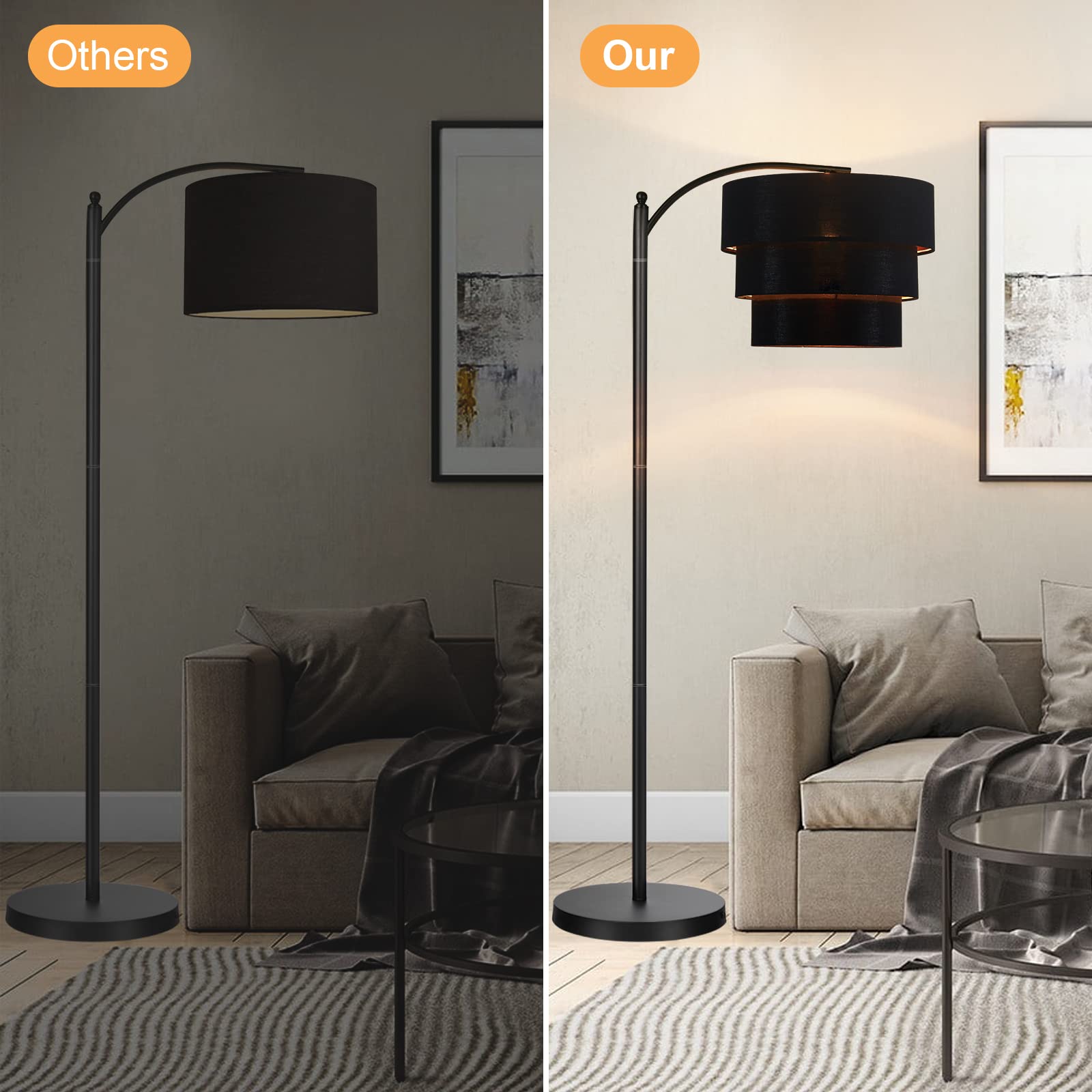 Huoku 3-Tier Drum Black Linen Lampshade For Floor Lamps, Pendant Lighting & Chandeliers