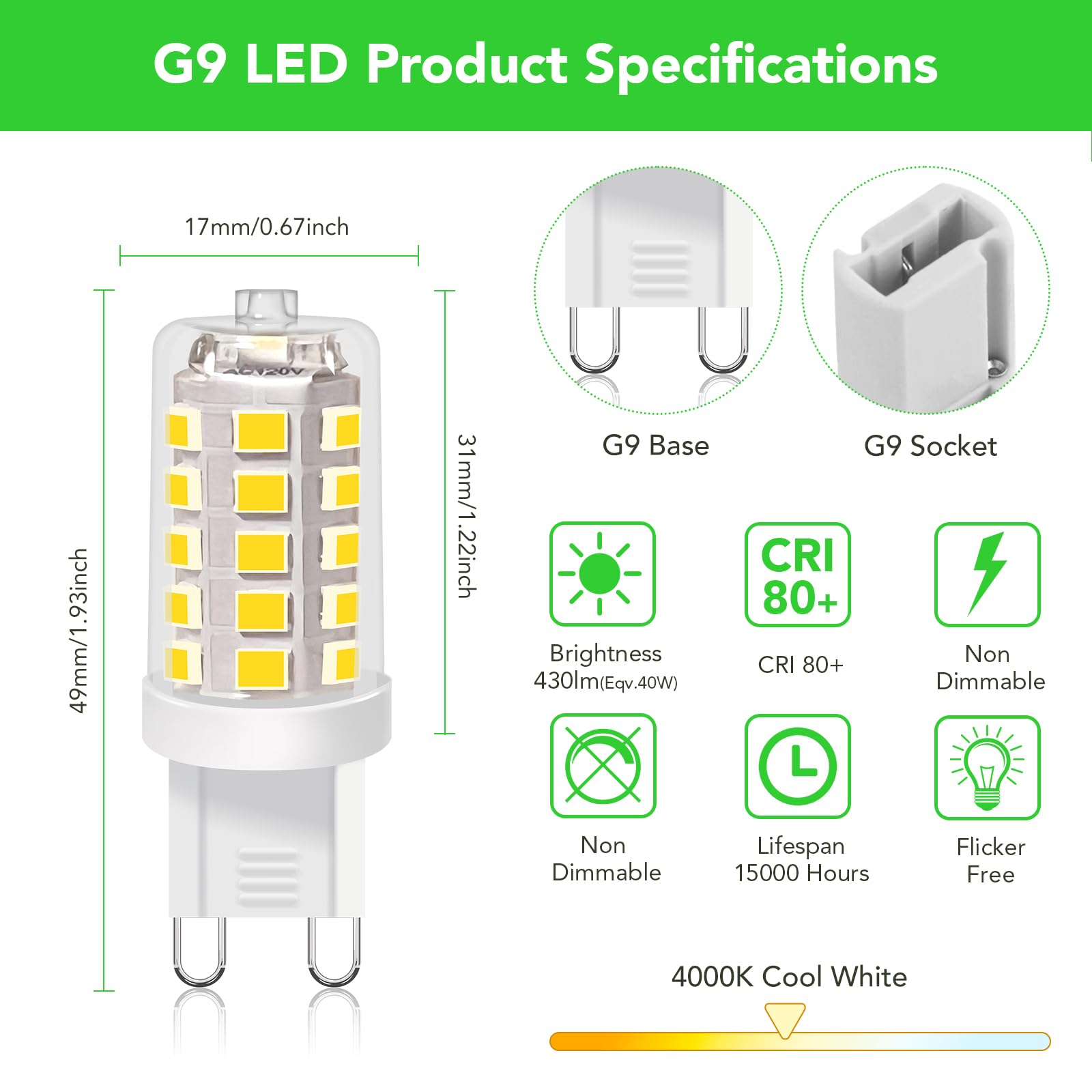 BUBO G9 LED Bulb 4000K Cool White 430 Lumens, 3W Equivalent, 6 Pack, Non-Dimmable, Ceramic & Clear PC, Model JZ