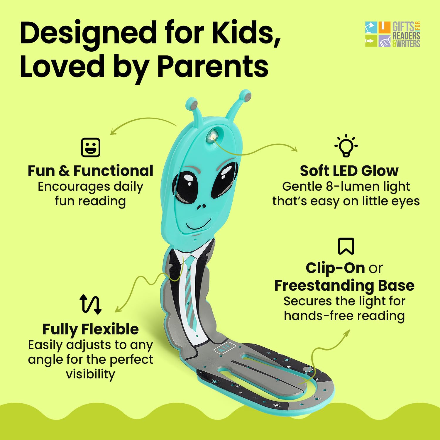 Gifts for Readers & Writers Clip-On LED Reading Light | Battery Operated | Alien Teal | Model FL | Book Accessories for All Ages