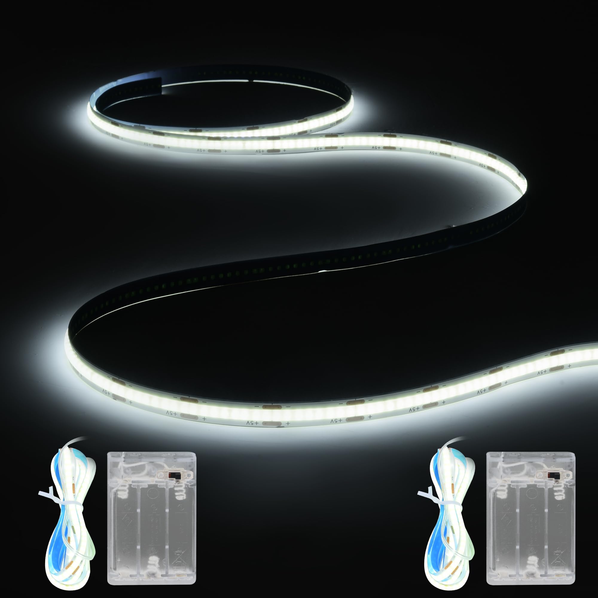 XINGZHI Battery Powered COB LED Band Lights 3.28ft*2pack White LED Light Band for Dorm Room  Under Bed  Shelves  TV Backlight  Closet  Small Cuttable Tape Lights  Small Battery LED Lights for TV