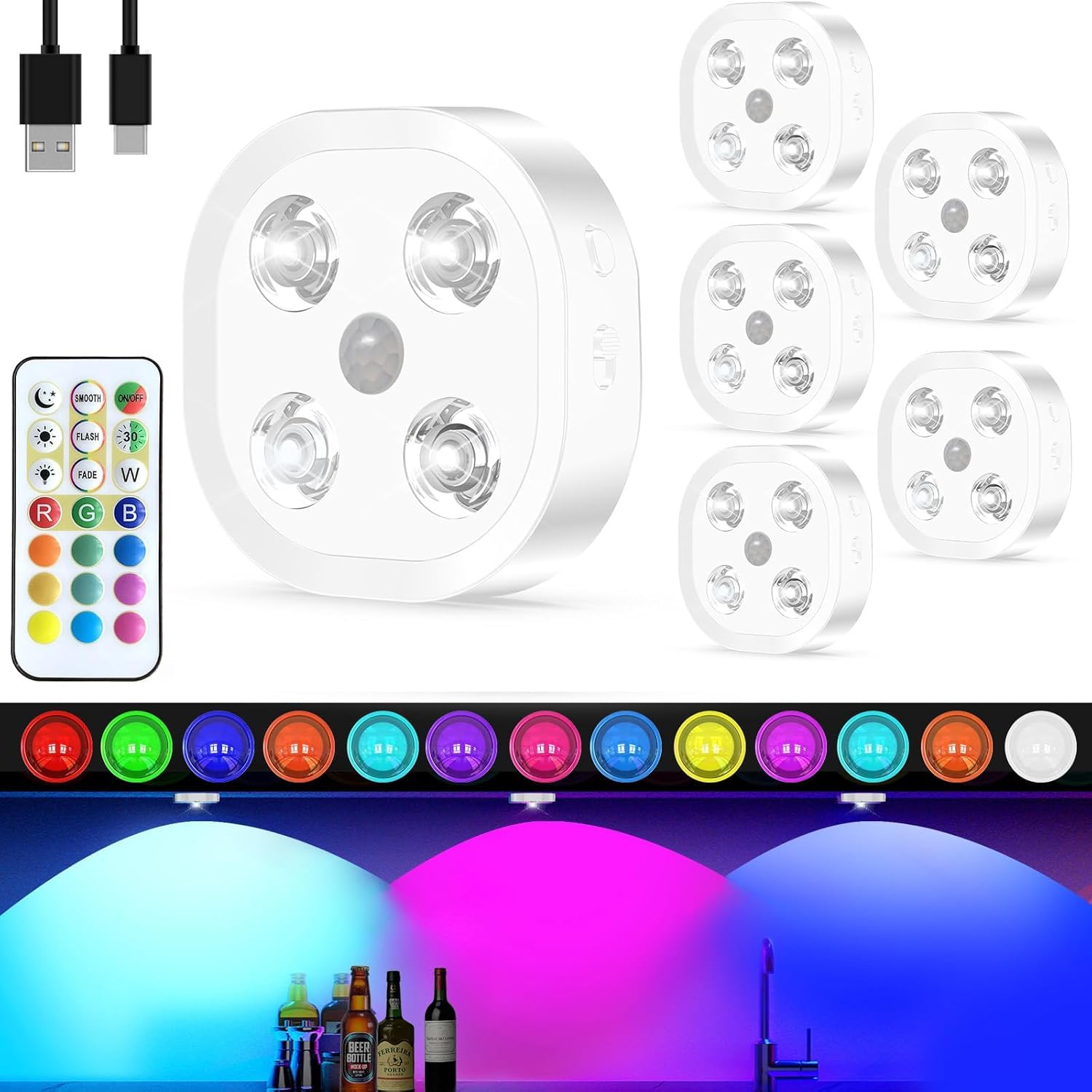 Puck Lights with Remote, 13 Colors Rechargeable Night Light, 1500mAh Under Cabinet Motion Sensor Lighting with Multicolor and Ti