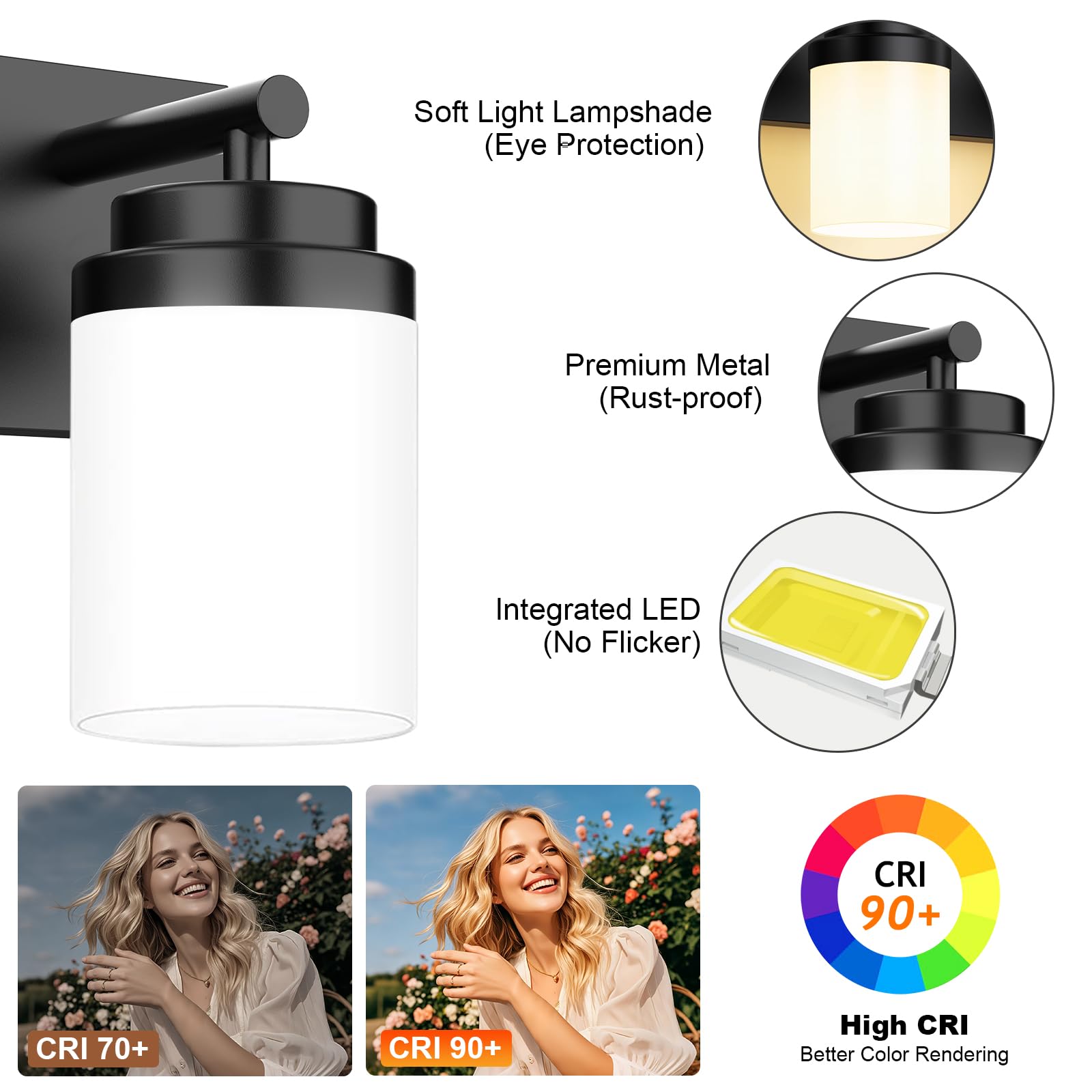 LKHF 4-Light Modern LED Bathroom Vanity Light, Matte Black with White Glass Shade, 27 inch, Model HT601-4T-BK