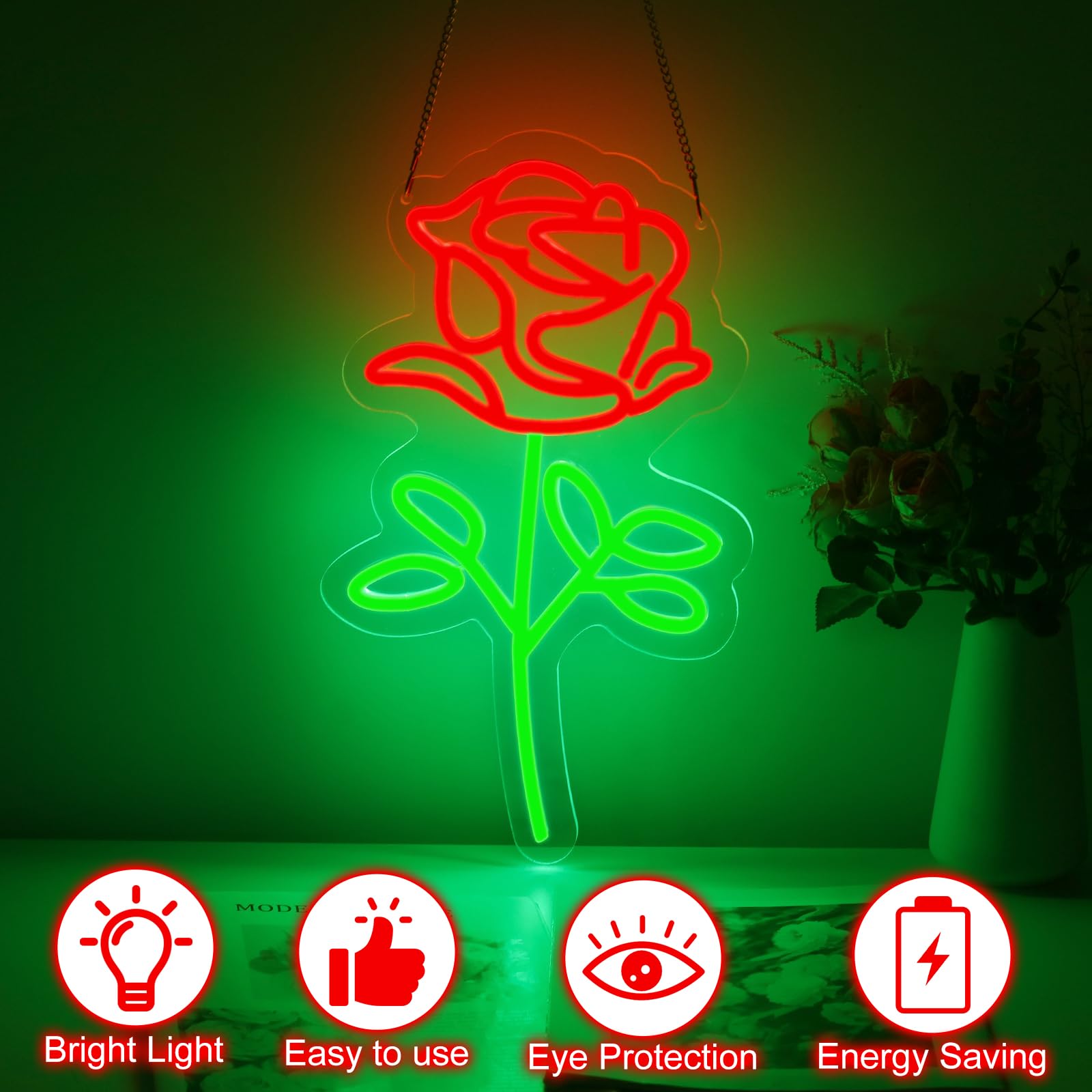 DMDMBSR LED Neon Light Sign - Red Rose Flowers, USB Dimmer, Acrylic Back Panel, 15.7inx9.1in, Home Decor, Party, Wedding, Night Lamp