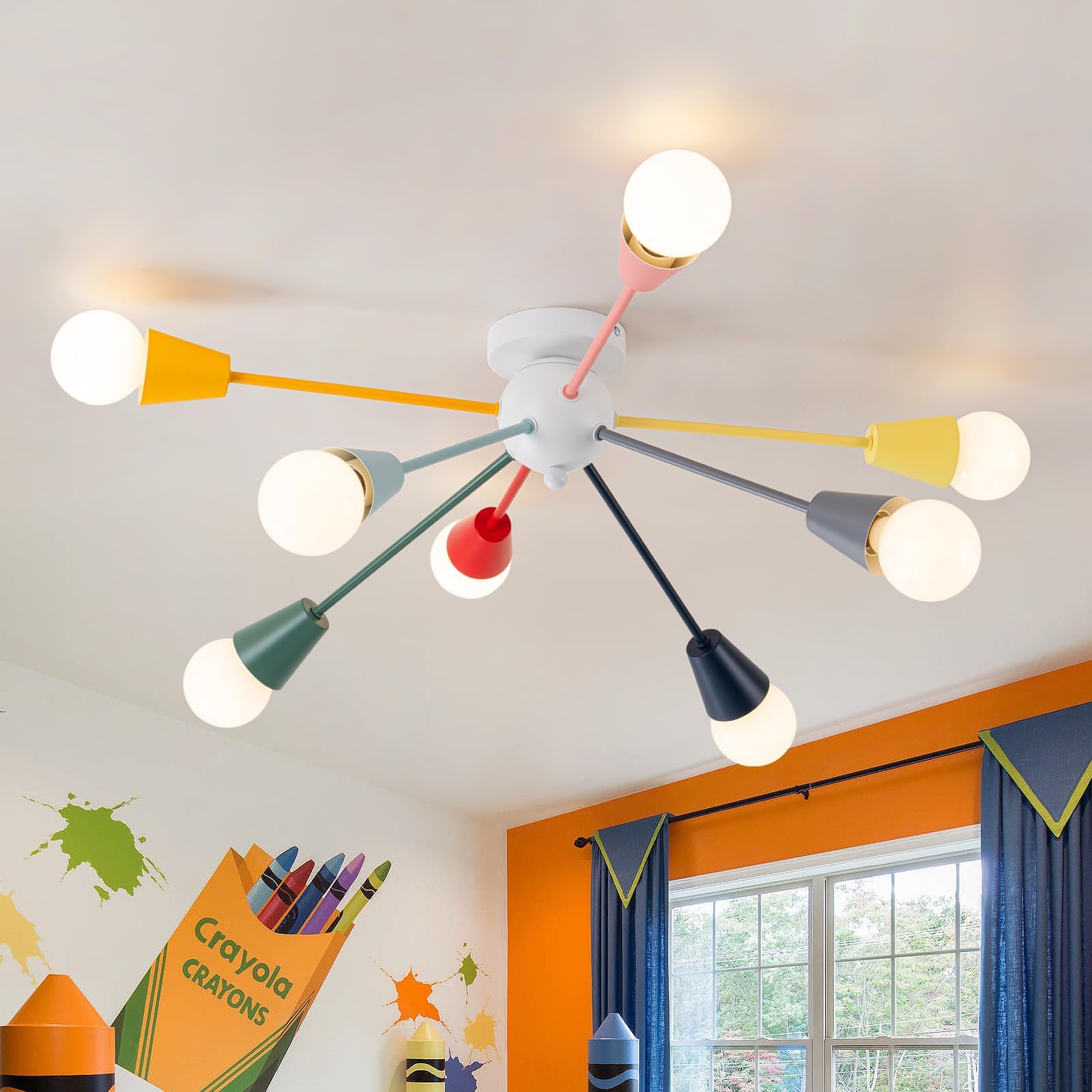 Ymlii Colorful Chandelier, 8-Light Modern Sputnik Chandelier, Kids Ceiling Light With Multi Color Rainbow Semi Flush Mount Ceili