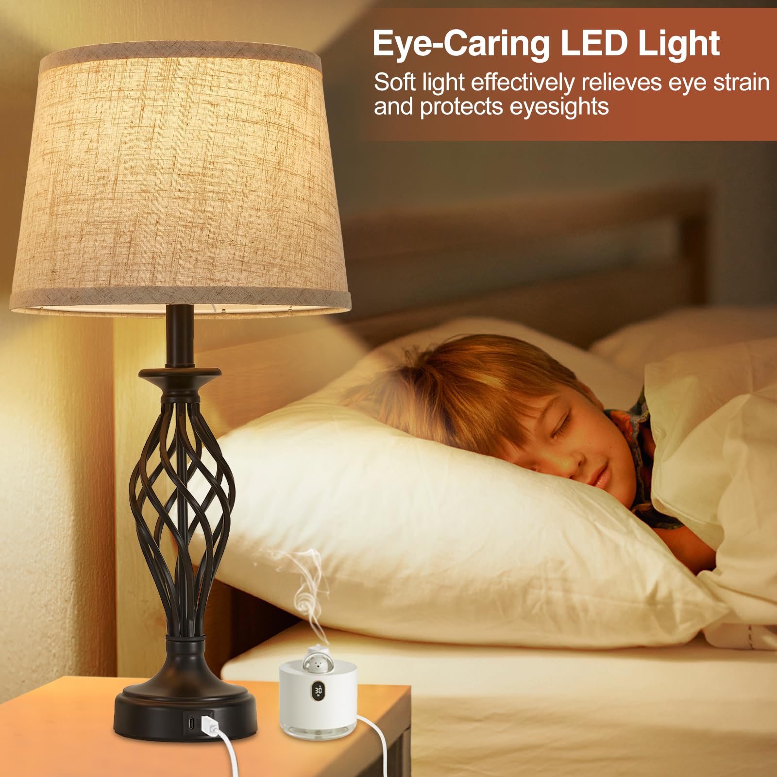 EJIAXIN Modern Table Lamp Set of 2, Black Base with Beige Shade, USB C+A Ports, Includes 2 LED Bulbs, Model 108