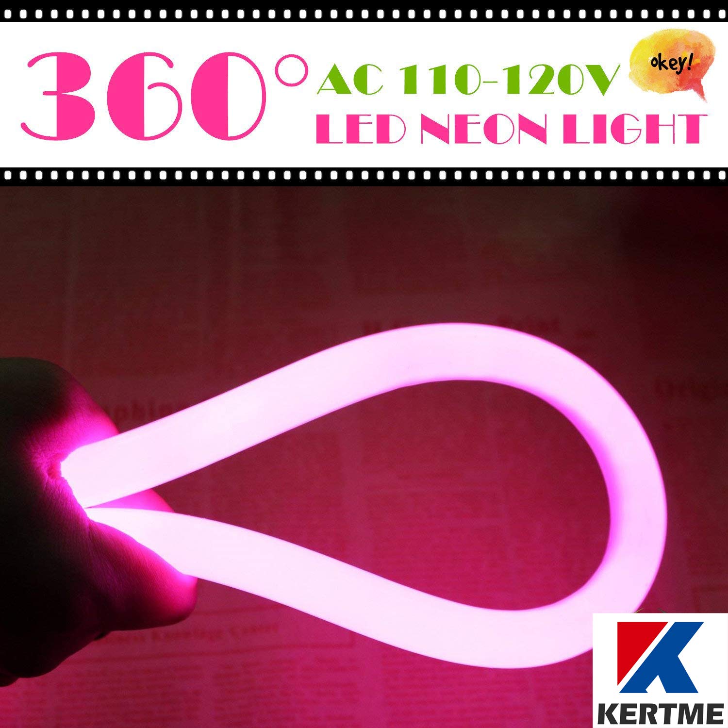 KERTME Neon LED Light Strip, 360° Dimmable, Waterproof, 5m/16.4ft, Pink, Model 360 degree-NEON-P-5M