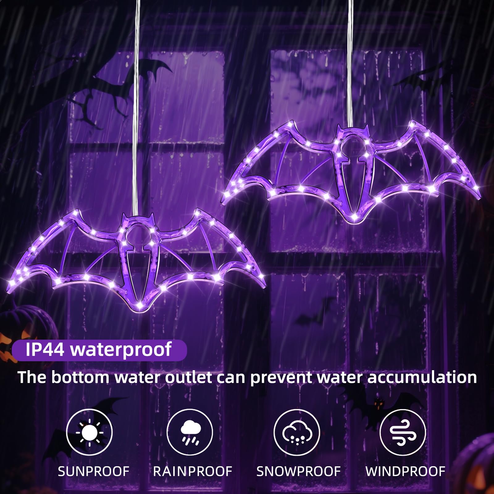 Hopolon Halloween Decorations Lights 2Ft 36Led Halloween Purple Bat Windows Lights Battery/Usb Operated String Light  Ip44 Waterproof  8Mode&Timer For Indoor Outdoor Holiday Home Party Decor(4Hooks)