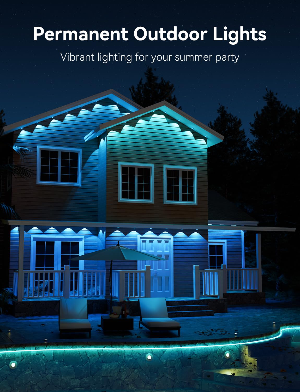 lemonrole 50FT RGB Outdoor Lights - App Controlled, IP67 Waterproof, Multicolor Eaves Lighting for Christmas & Holidays