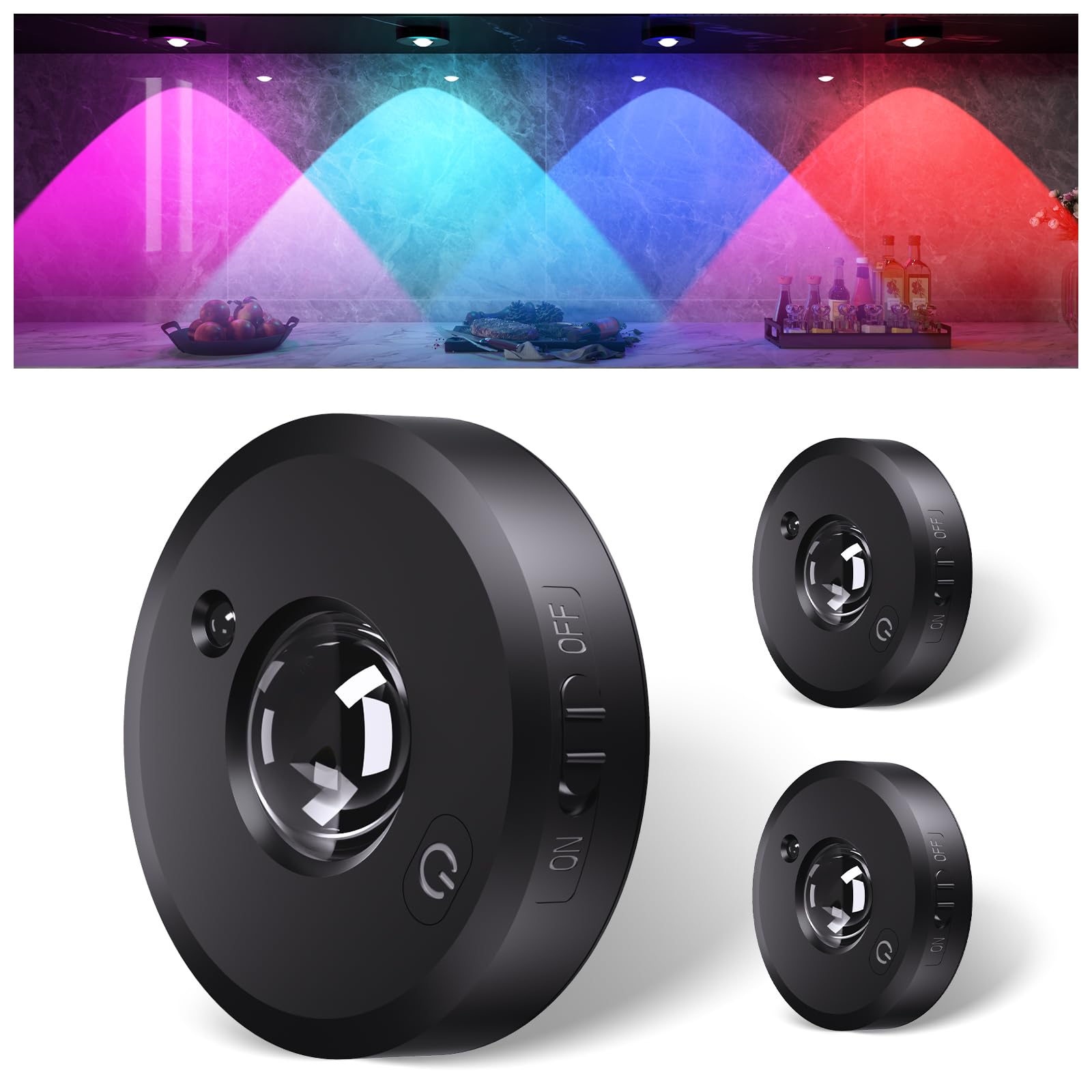 RUYI Rechargeable RGB Puck Lights, Dimmable Touch Under Cabinet Lighting, 3 Pack, USB, Plastic, Model RUYI-US-UCL-R