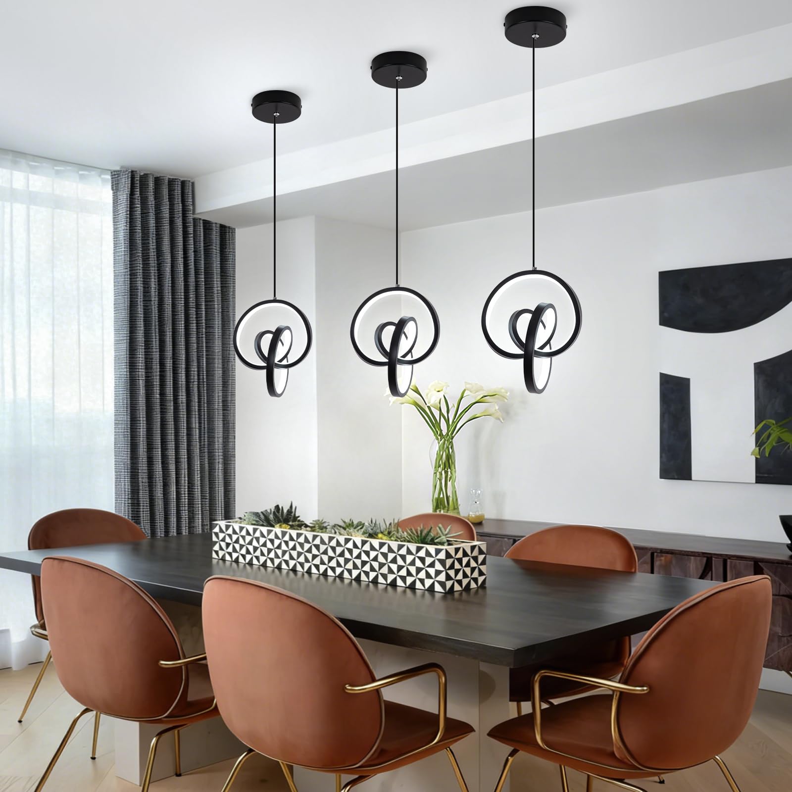 Sovinzert Modern Led Pendant Light Fixtures 6000K Pendant Lights Kitchen Island Lighting Adjustable Height Black Hanging Lamp For Dining Room Bedroom Living Room (1 Pack)