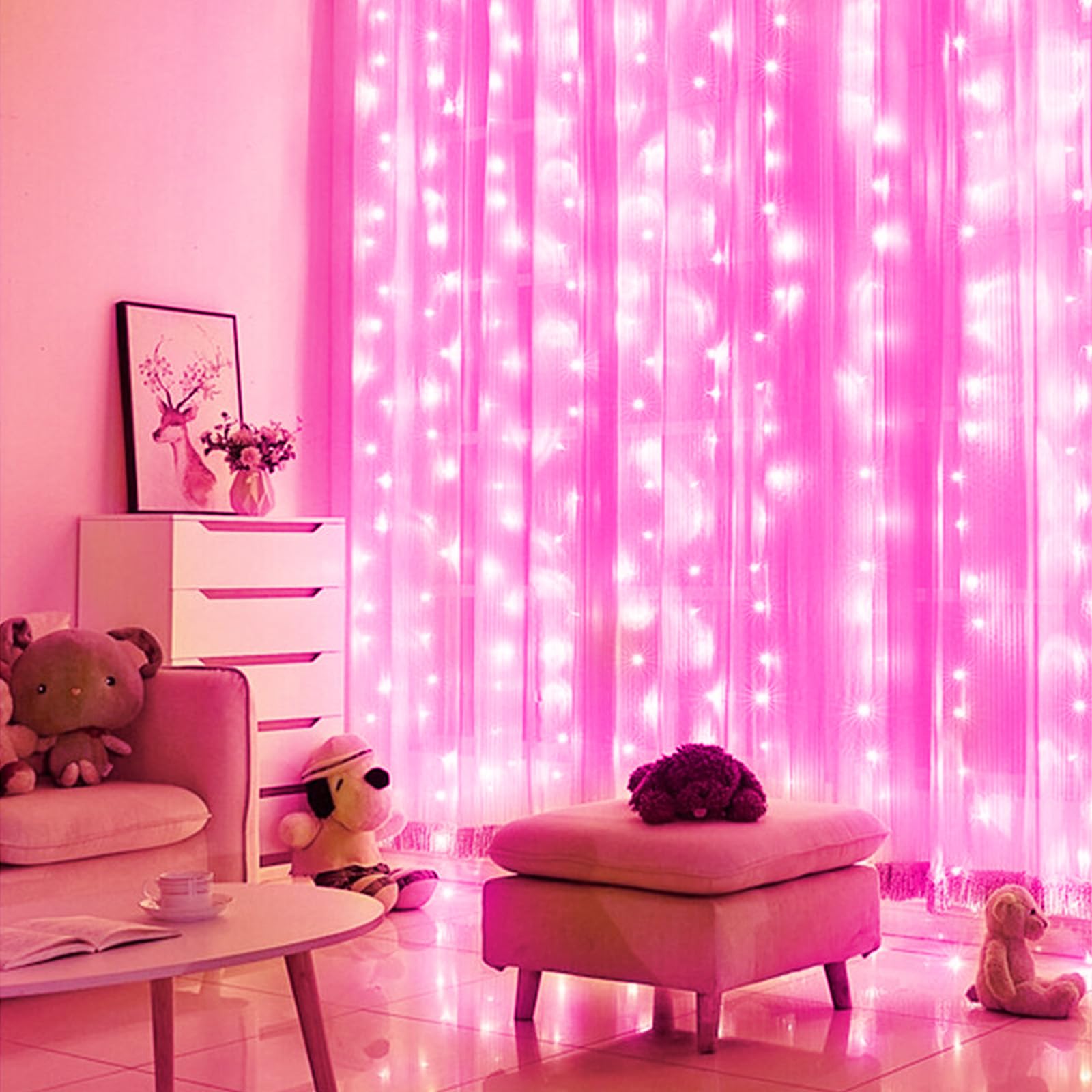 Brightown 300 LED Curtain Lights, 9.8 FT, Waterproof, 8 Modes, Pink, Model JT-EL/FC300V0200, Ideal for Indoor/Outdoor Decorations