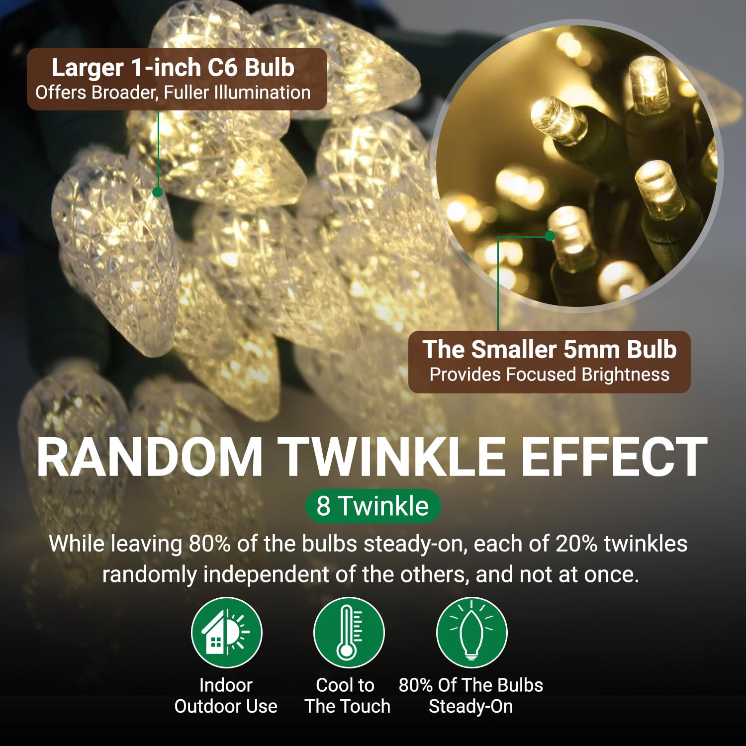 Tupkee Christmas LED Twinkle Lights, 24.5 ft, Champagne Bulbs, 8 of 50 Twinkle, Professional Grade Indoor Outdoor, Model TSD