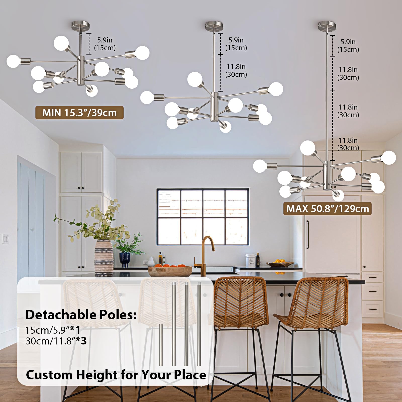 Kaisite Modern Chandelier Light Fixture Brushed Nickel Sputnik Chandelier 10-Light Farmhouse Chandelier For Dining Room Over Tab
