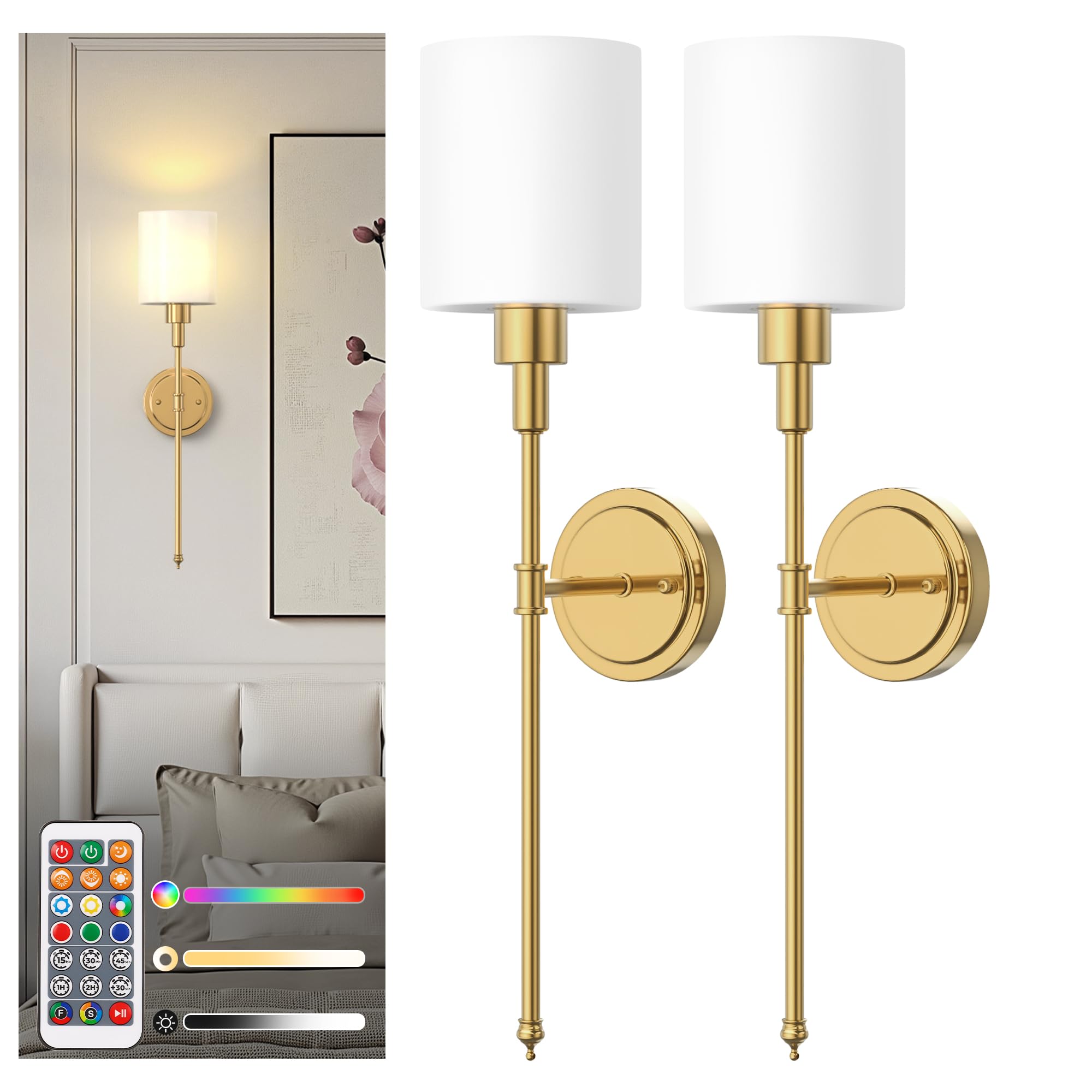 DORESshop Battery Operated Wall Sconce Set of 2, Wireless, 24.3in, Gold and Milky White Glass Shade