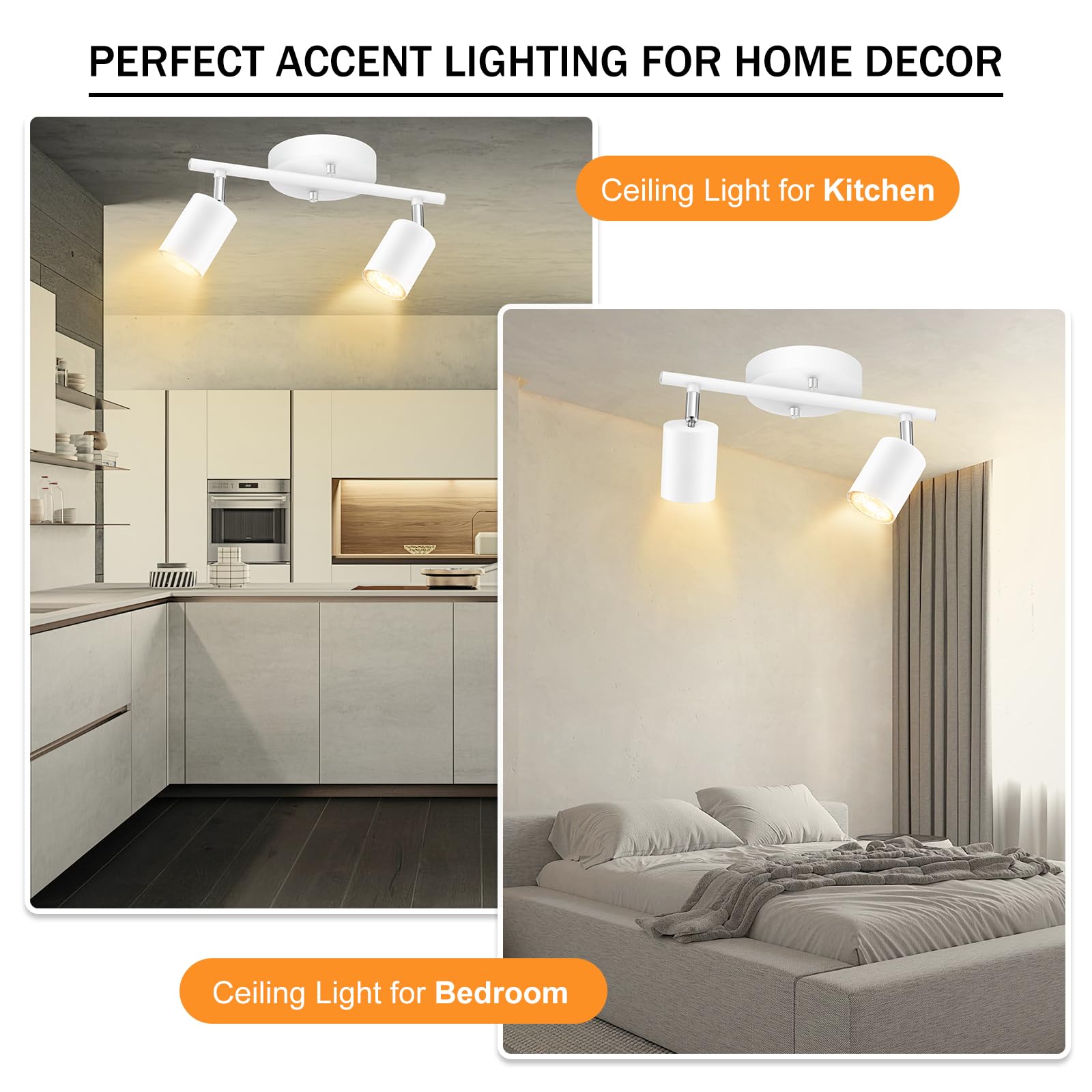 Track Lighting Ceiling, White 2 Lights Track Lighting For Kitchen, Modern Track Lights Fixtures Ceiling Kit, Rotatable Track Hea