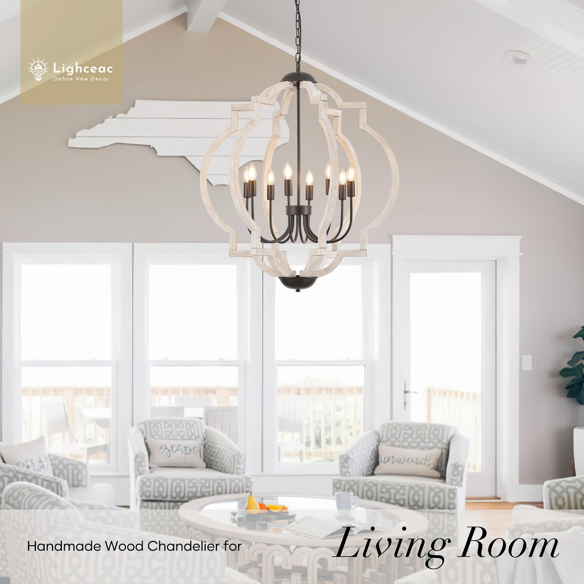 lighceac 8-Light Farmhouse Orb Chandelier, Distressed White Wood, 30.5" Pendant Light for Dining Room, Kitchen, Bedroom, Model LX-2120-8