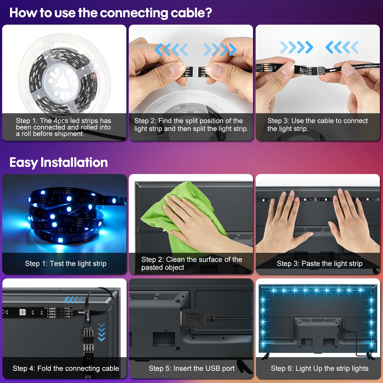HOUHUI USB LED Strip Lights Kit, 4x 1.64ft RGB Color Changing Backlights for TV, PC, Home Theater, Remote Controlled, Plastic