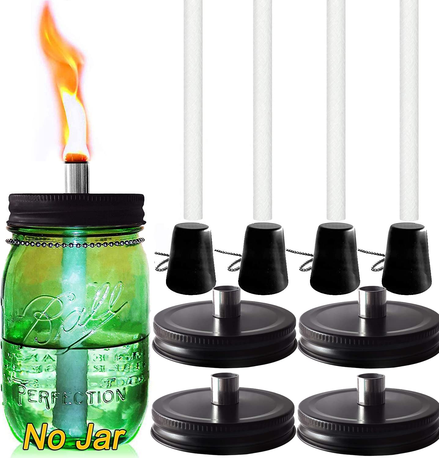 4 Pack Mason Jar Outdoor Tabletop Torch Kit Set, Fiberglass Wicks,Stainless Steel Lid with Outfire Cover Caps,6-inch High,for Pa