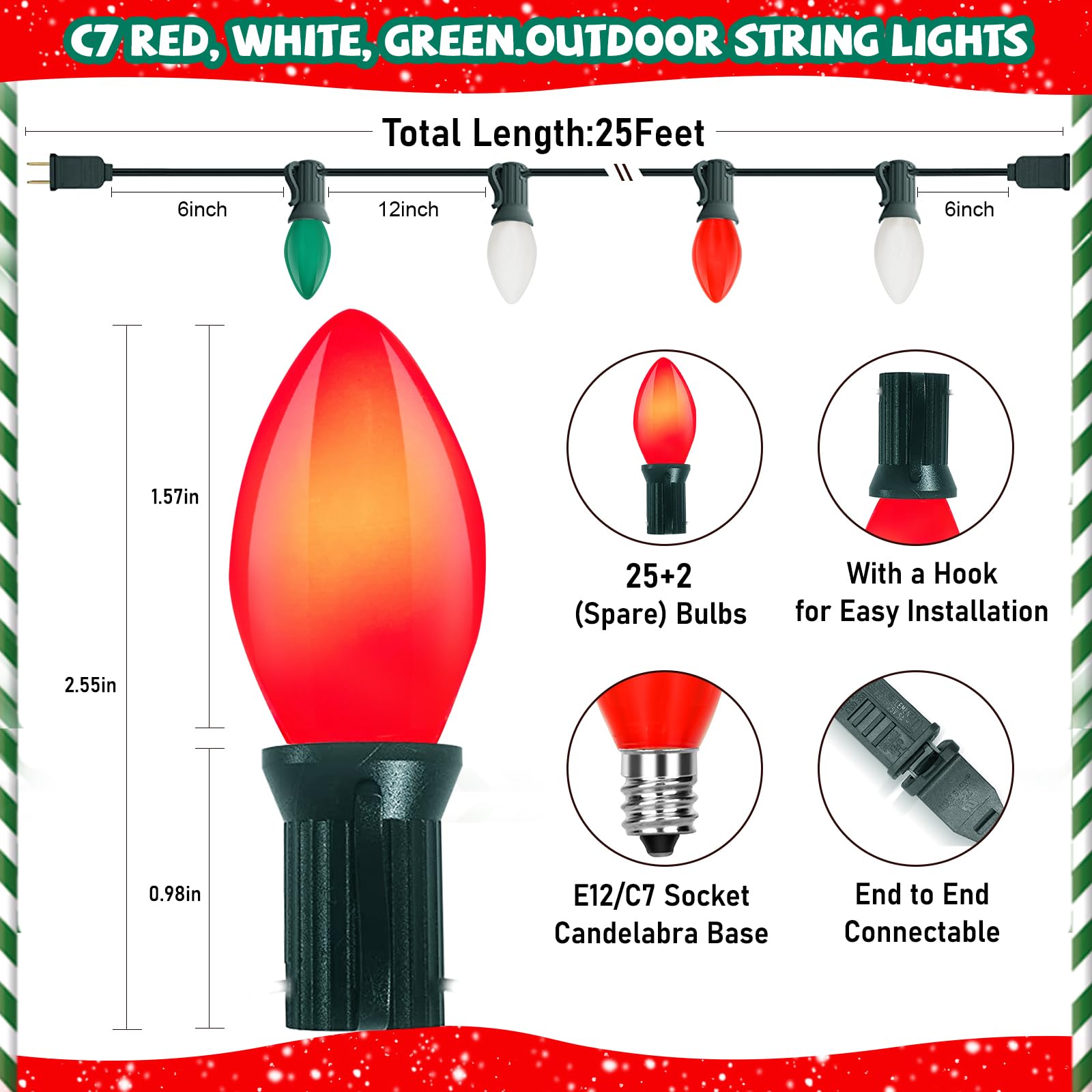 C7 Red White And Green Christmas Lights, 25Ft Vintage Christmas Lights With 27 Ceramic Bulbs, Connectable Xmas Tree Lights Water
