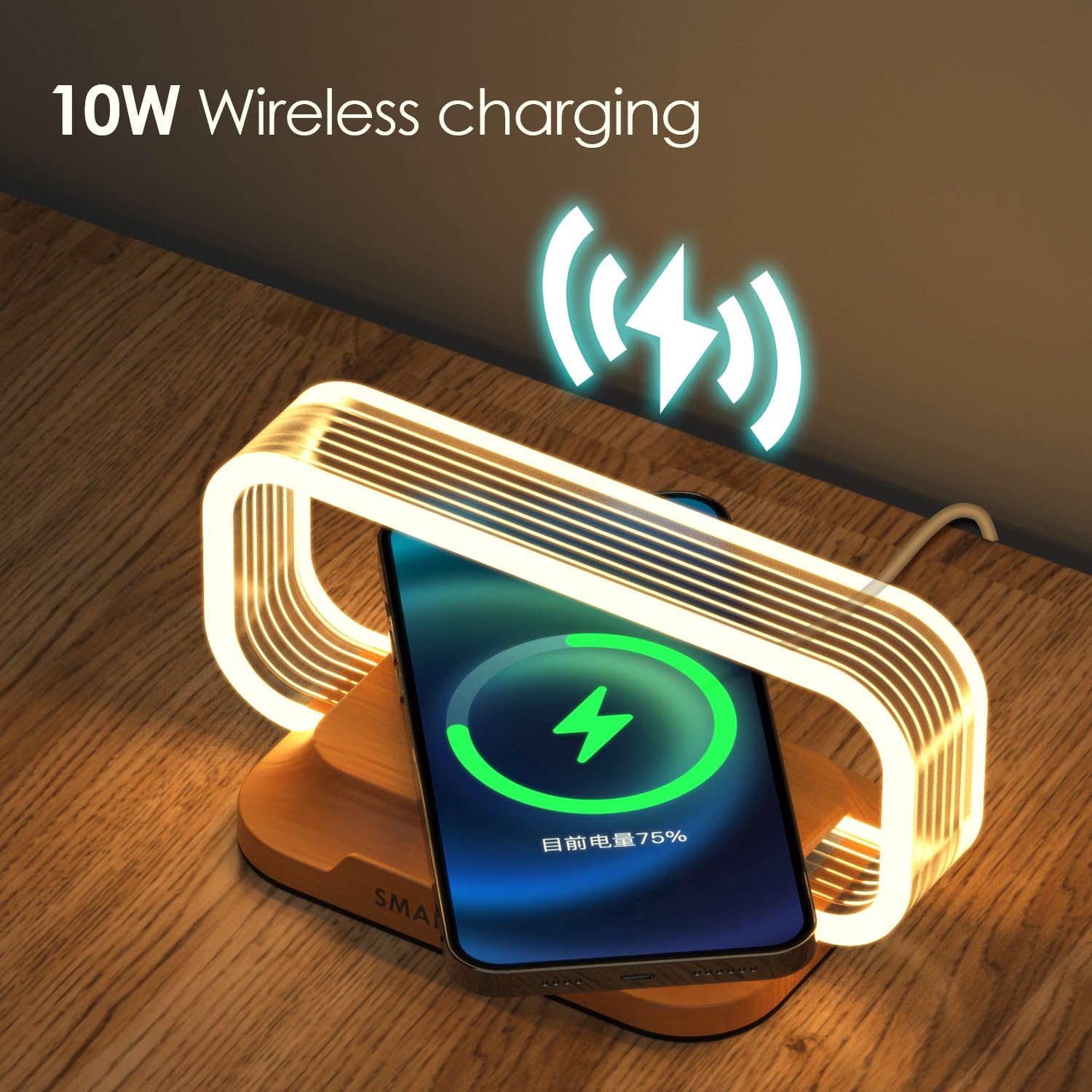 Donewin Small Nightstand Lamp With Wireless Charger, Cute Bedside Lamp With Clock, Stepless Dimmable, 3 Color Modes