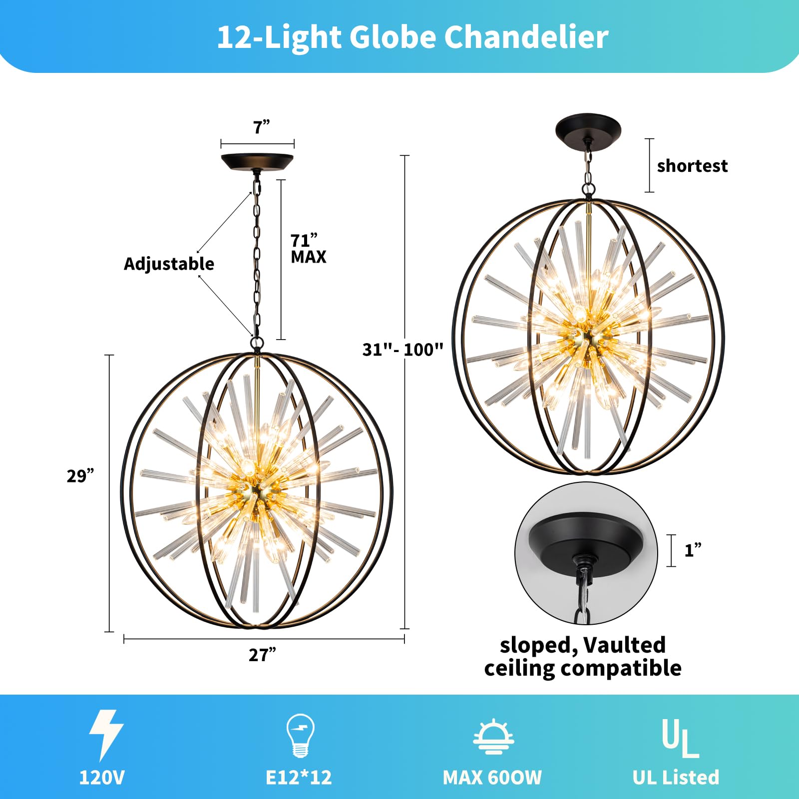 Vezzio 12-Light Black & Gold Sputnik Globe Chandelier D27 for Dining Room, Entryway, Foyer, Living Room