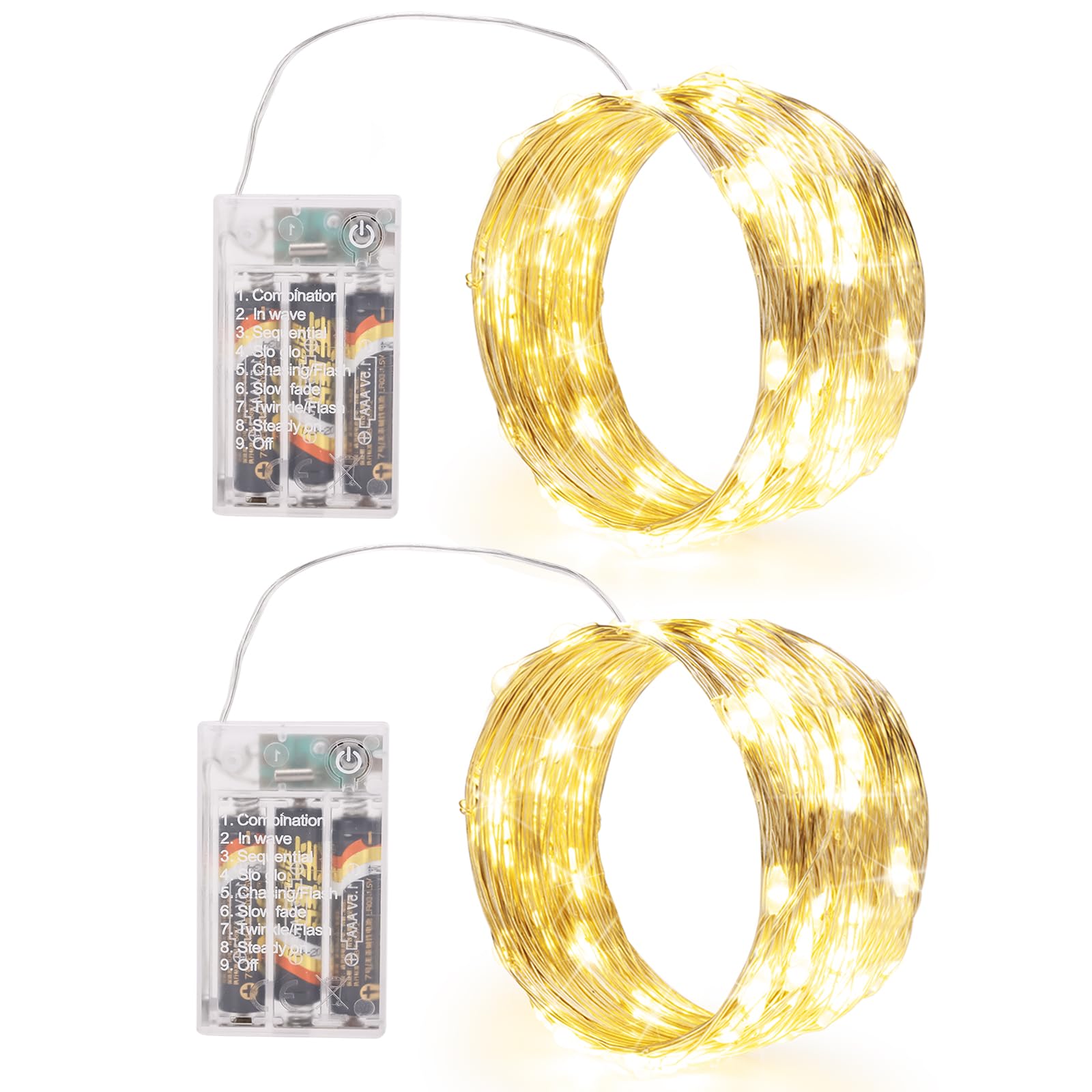 Sinamer Fairy Lights Battery Operated (Included), 8 Modes & Auto Timer, 2 Packs 5M 50Led Warm White Mini Twinkle Silver Wire Firefly Starry Lights, Waterproof Battery Operated Lights For Tree Bottle