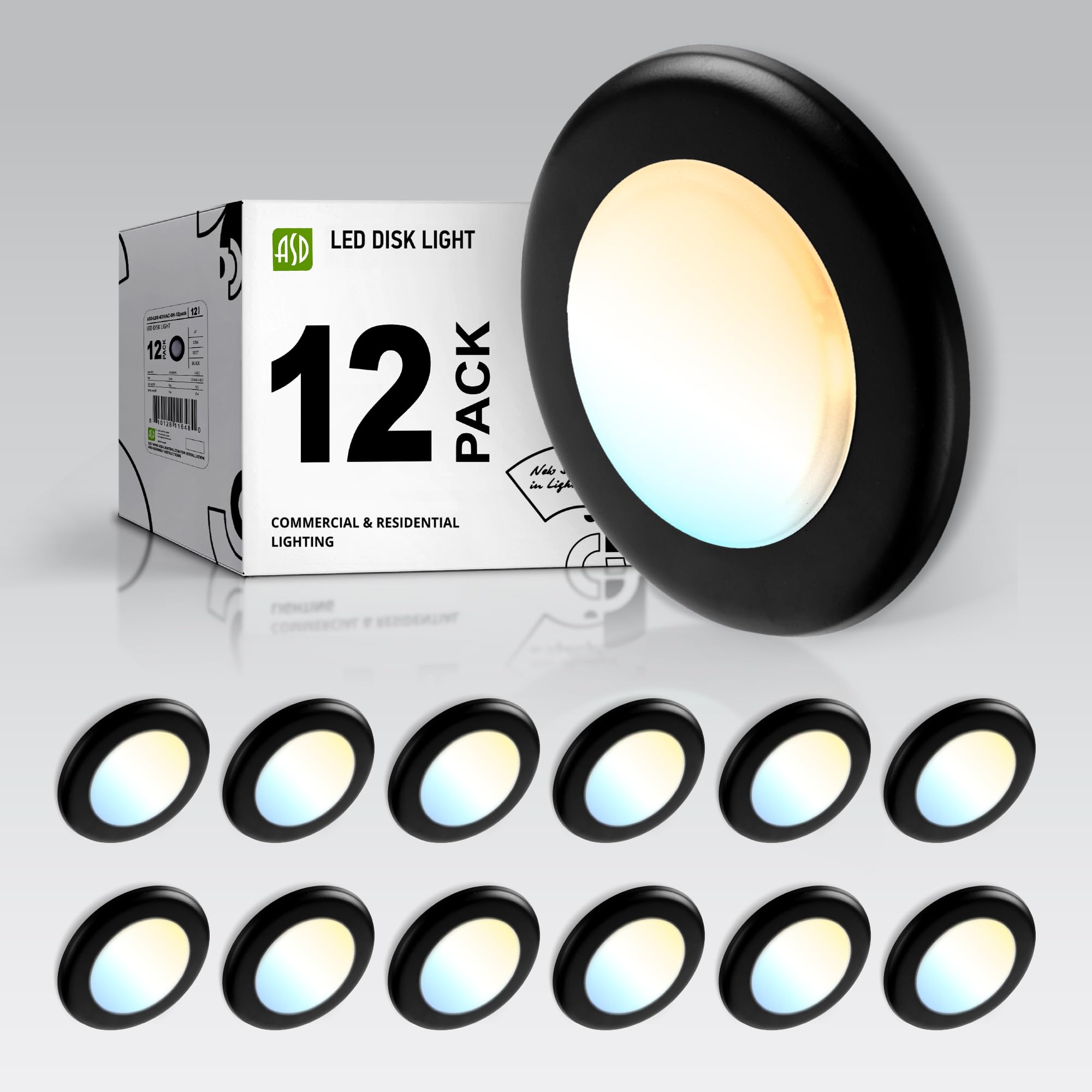 ASD 12 Pack LED Disk Lights 4 Inch  10W 5CCT 2700K-5000K 685LM CRI90+  Dimmable Flush Mount Ceiling Light Fixture  Low Profile Surface Mount Disc  Junction Box or Recessed Can Install  UL Energy Star