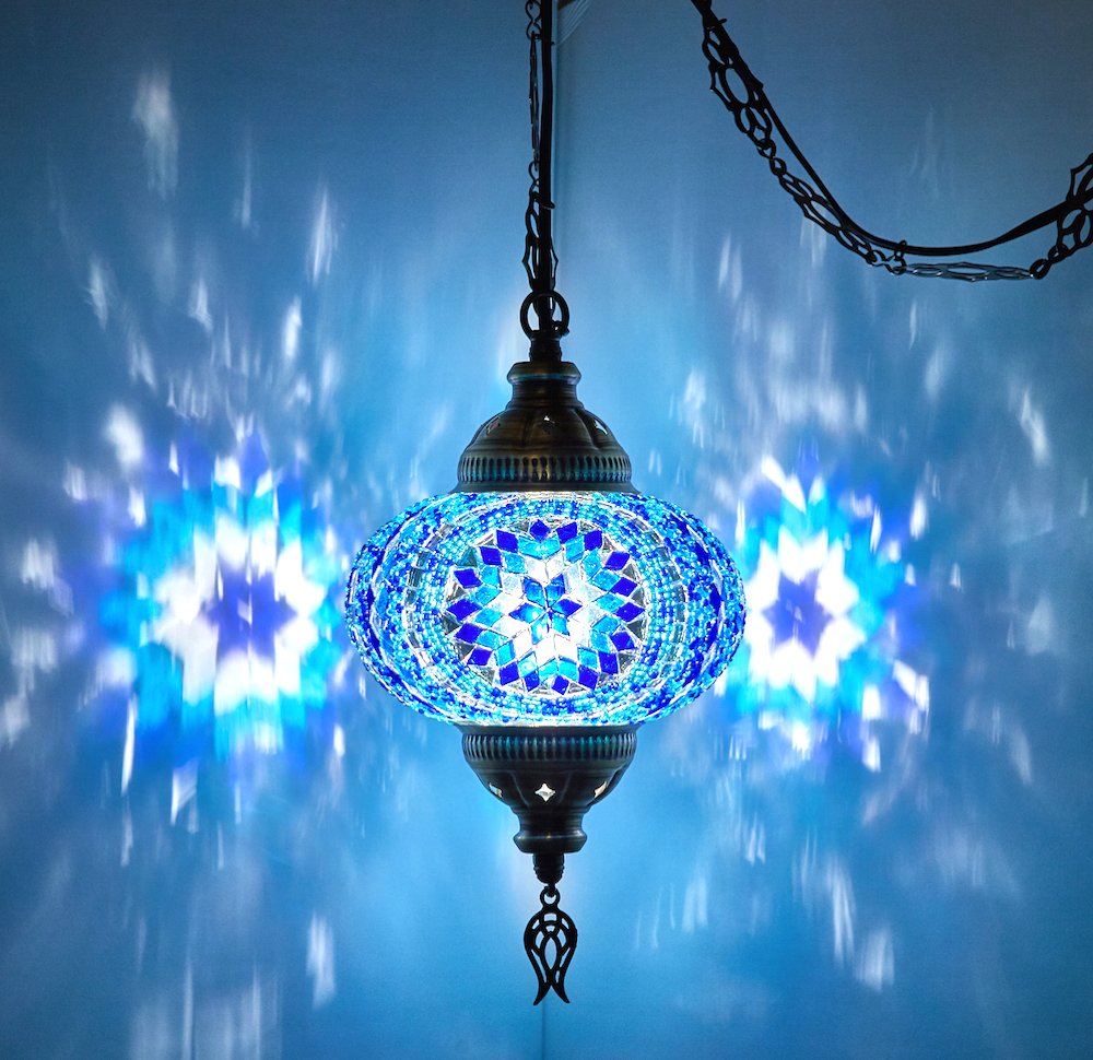 DEMMEX Plug-in Pendant Light – Handcrafted Glass Swag Lamp, Vintage Tiffany Style, 15ft Cord, Blue, Model DEMMEXSWAG1