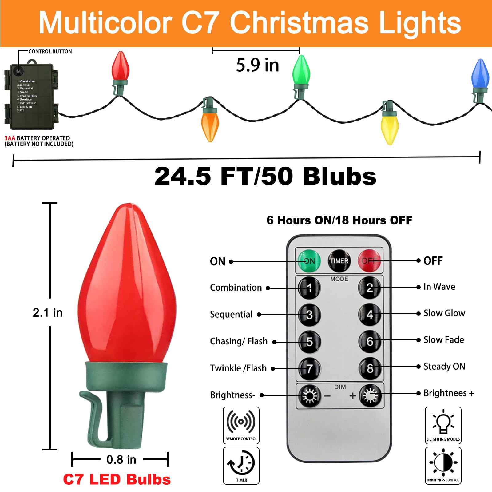 50 Led C7 Christmas Lights,24Ft C7 Christmas Lights Battery Operated C7 Christmas String Lights Remote Timer 8 Lighting Modes For Indoor Outdoor Xmas Tree Garden Patio Party Christmas Decorations