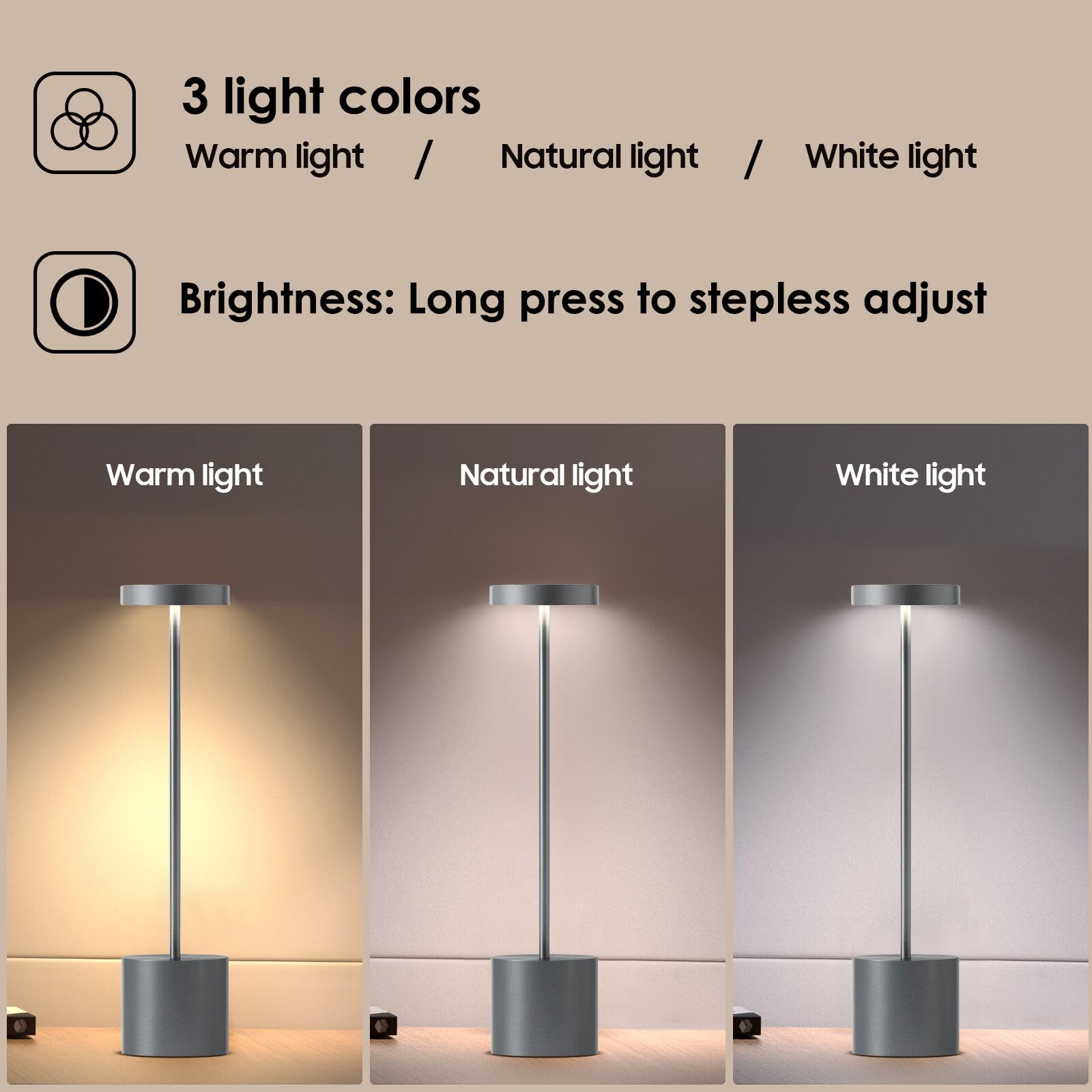 Jalvde Cordless Rechargeable Battery Operated Dining Table Lamp 6000 Mah Led Desk Lamps 13.5 Inches 3-Level Light Color Adjustab