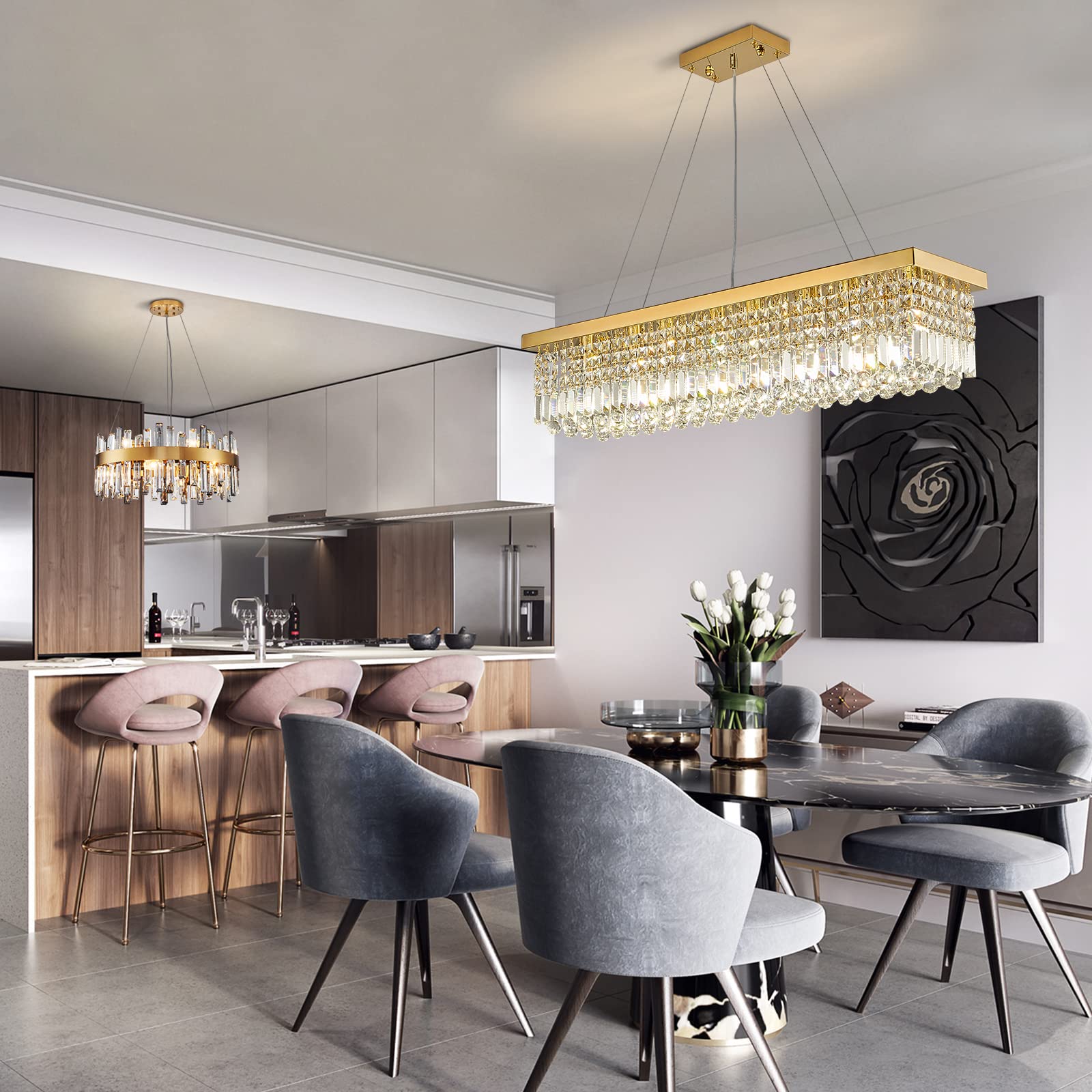 Siljoy Modern Crystal Chandelier, 8 Lights, Gold, K9 Crystal, L40in  x W10in  x H10in , Stainless Steel, Model 718687229644