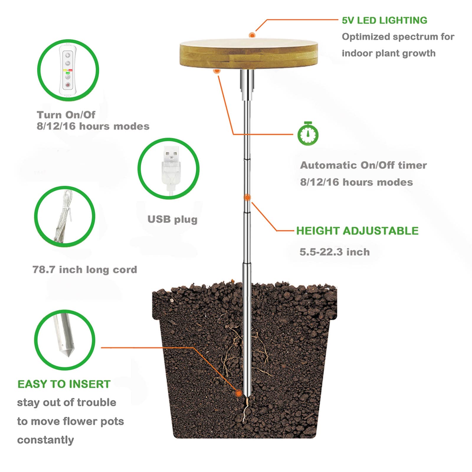 yadoker Indoor Plant Grow Light - Bamboo, 2 Pack, Height Adjustable, Automatic Timer, Light Color