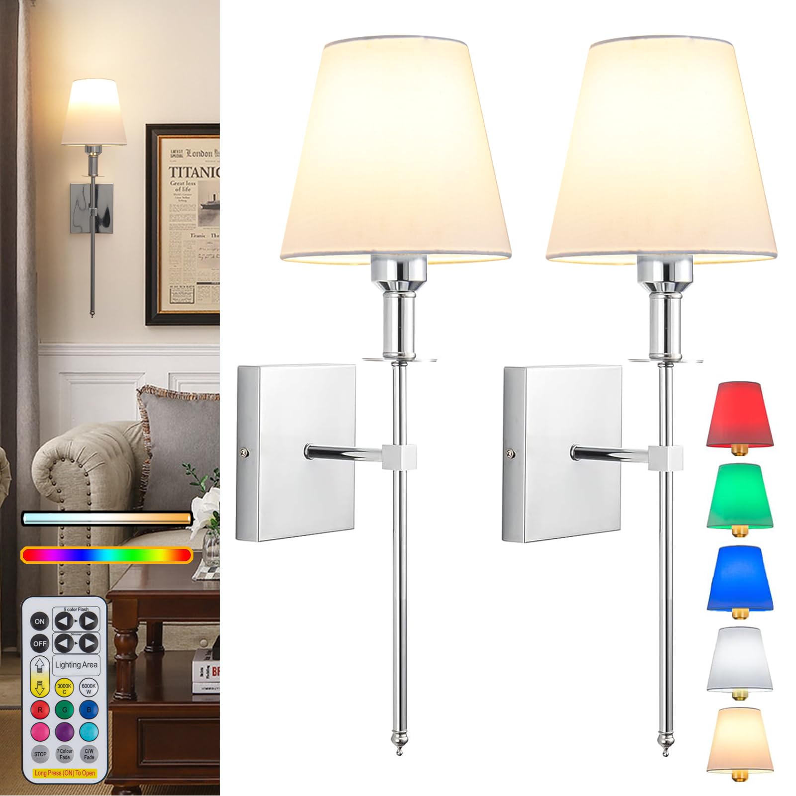 jengush Wall Lights Set of 2, Battery Operated, Dimmable Remote Control, 21 inch, Silver