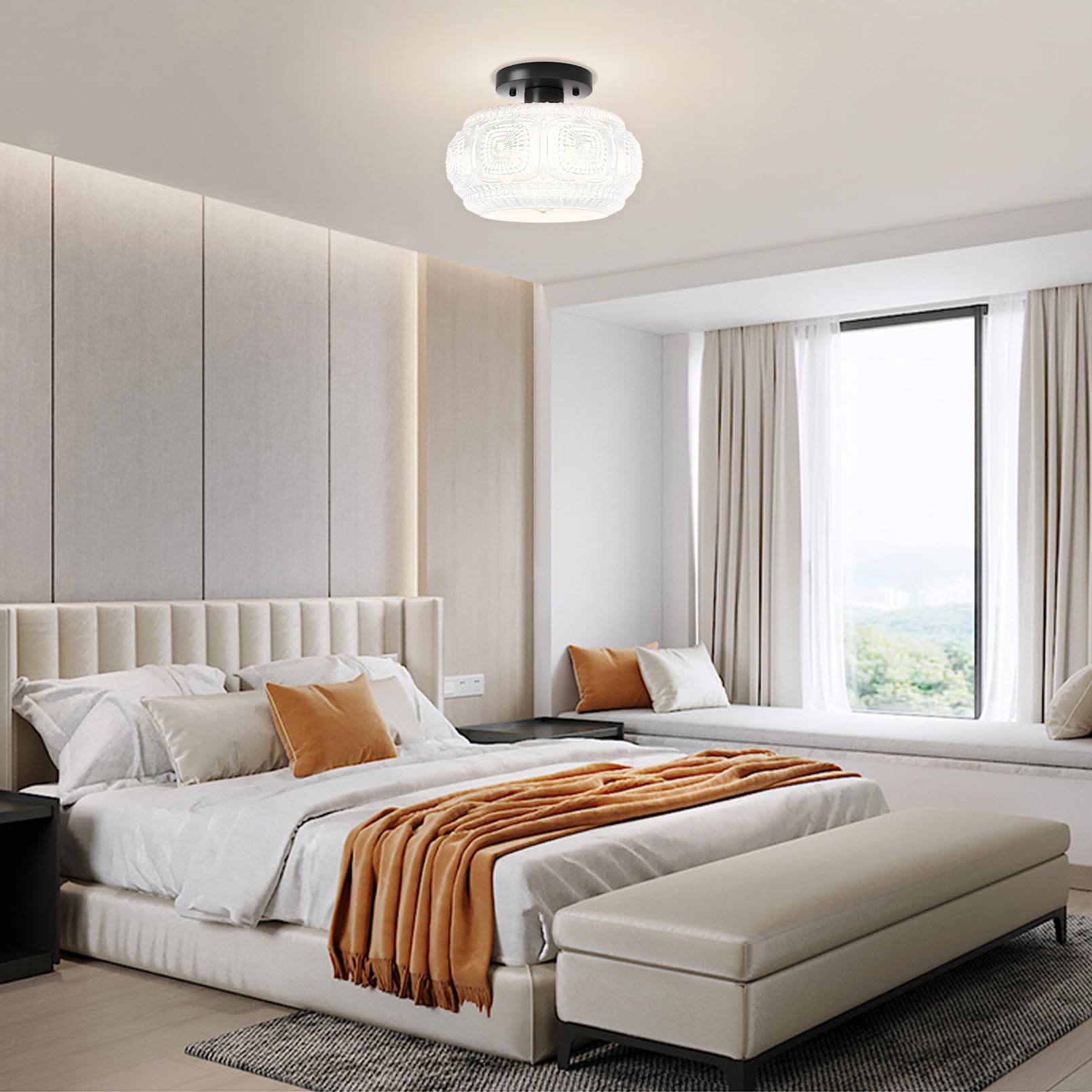 Oykyohei Semi Flush Mount Ceiling Light, Milk Glass Shade Modern Ceiling Light Fixture, Vintage Black Lighting For Hallway Bedro